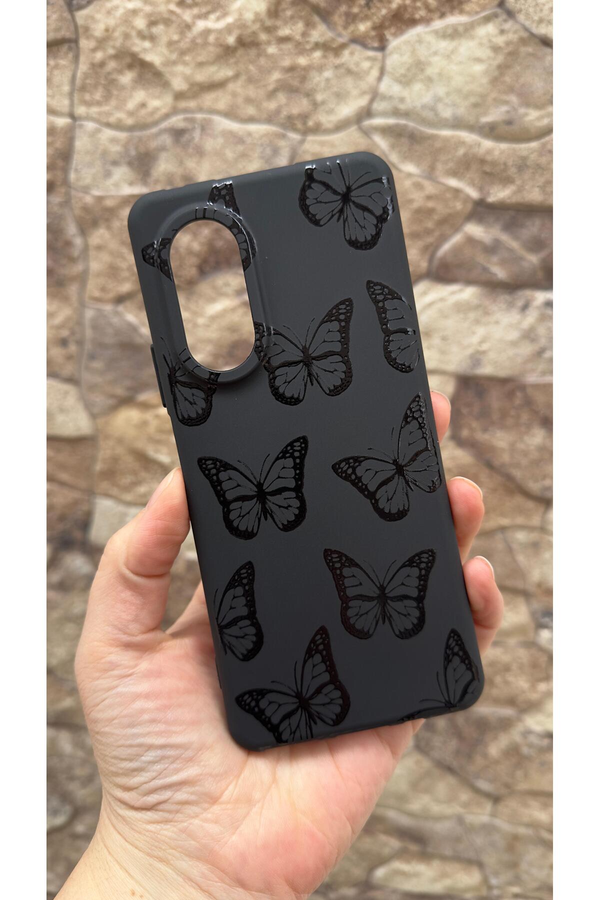 Huawei Nova 9 Se Uyumlu Siyah Kelebek Desenli Silikon Darbe Emici Klasik Korumalı Klasik Kılıf