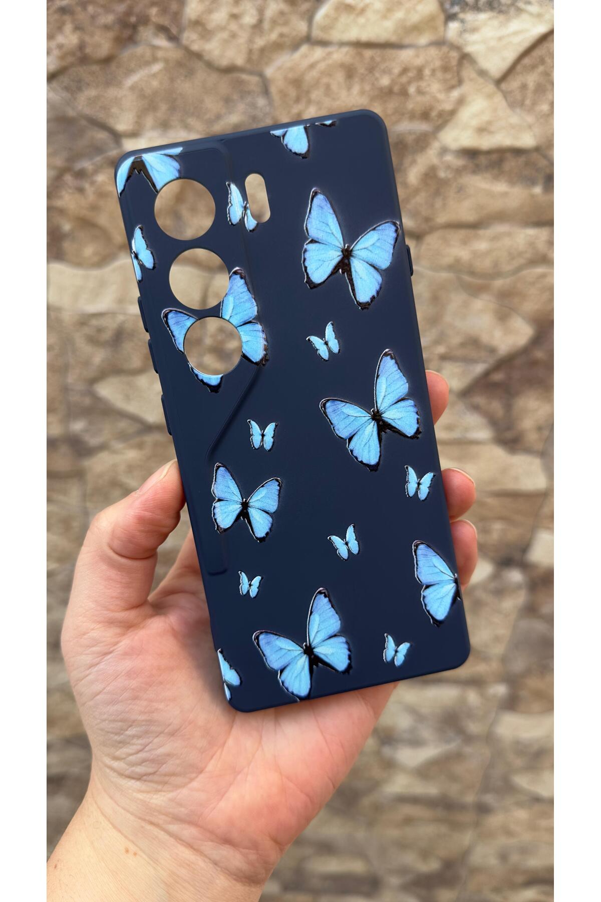 Tecno Camon 40 Uyumlu Mavi Kelebek Desenli Silikon Darbe Emici Klasik Korumalı Rubber Kılıf
