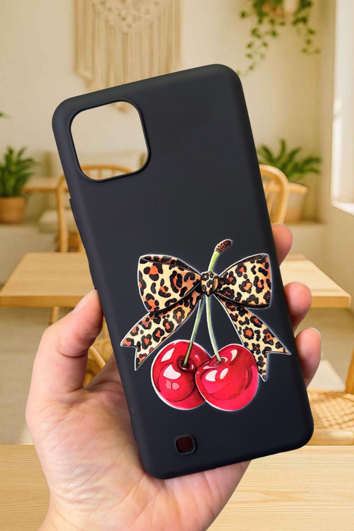 Realme C11 Uyumlu Kiraz Leopar Fiyonk Desenli Silikon Darbe Emici Klasik Korumalı Rubber Kılıf