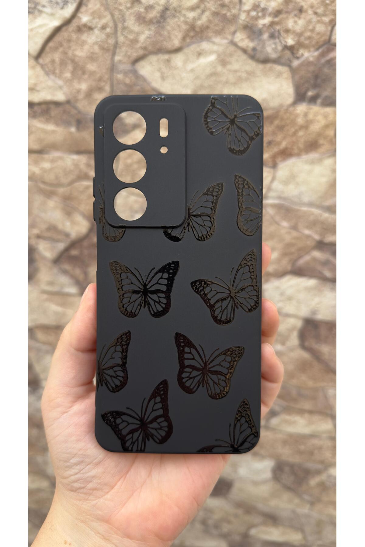 Realme C75 Uyumlu Siyah Kelebek Desenli Silikon Darbe Emici Klasik Korumalı Rubber Kılıf