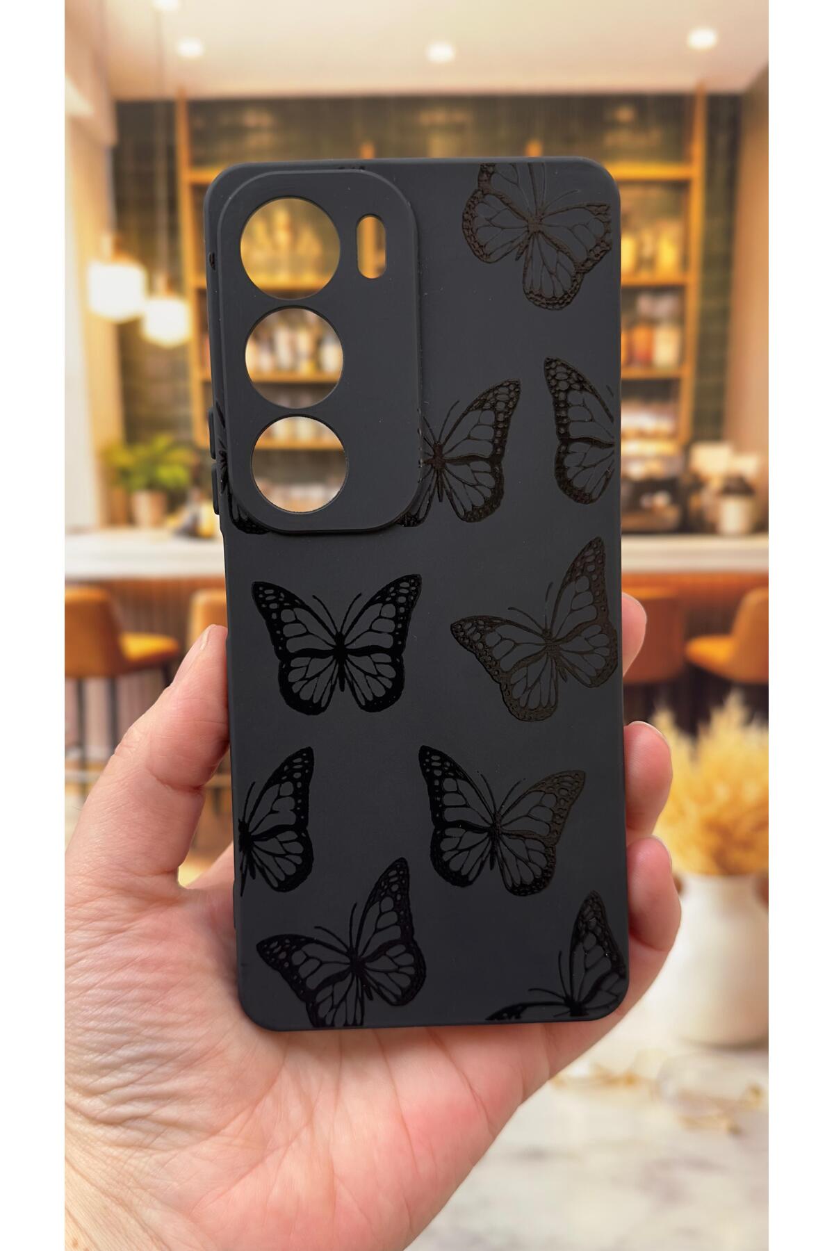 VİVO Y19S Uyumlu Siyah Kelebek Desenli Silikon Darbe Emici Klasik Korumalı Rubber Kılıf