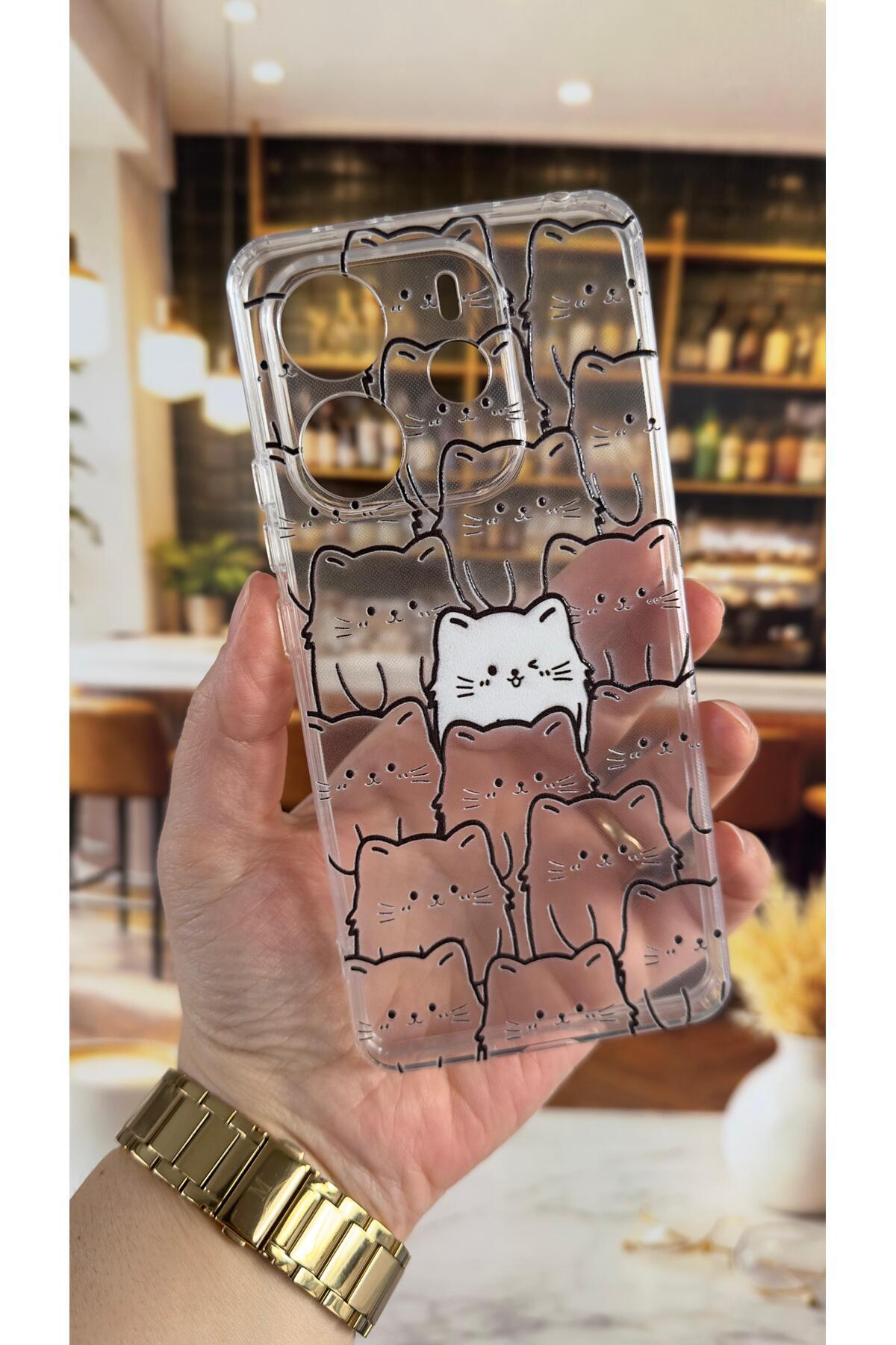 Redmi Note 14 Uyumlu Manycat Desenli Şeffaf Darbe Emici Kamera Korumalı Clear Kılıf