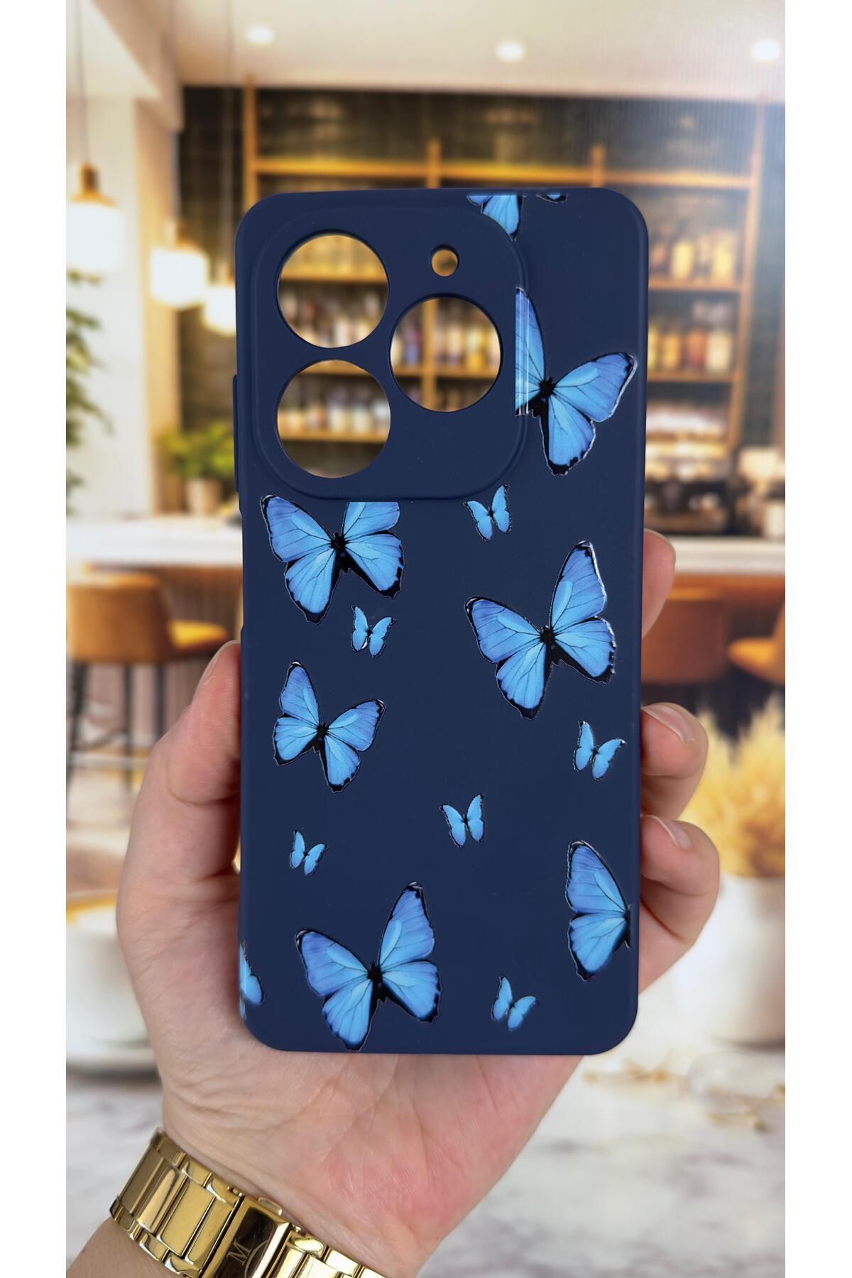 Tecno Spark 20/20C Uyumlu Mavi Kelebek Desenli Silikon Darbe Emici Klasik Korumalı Rubber Kılıf