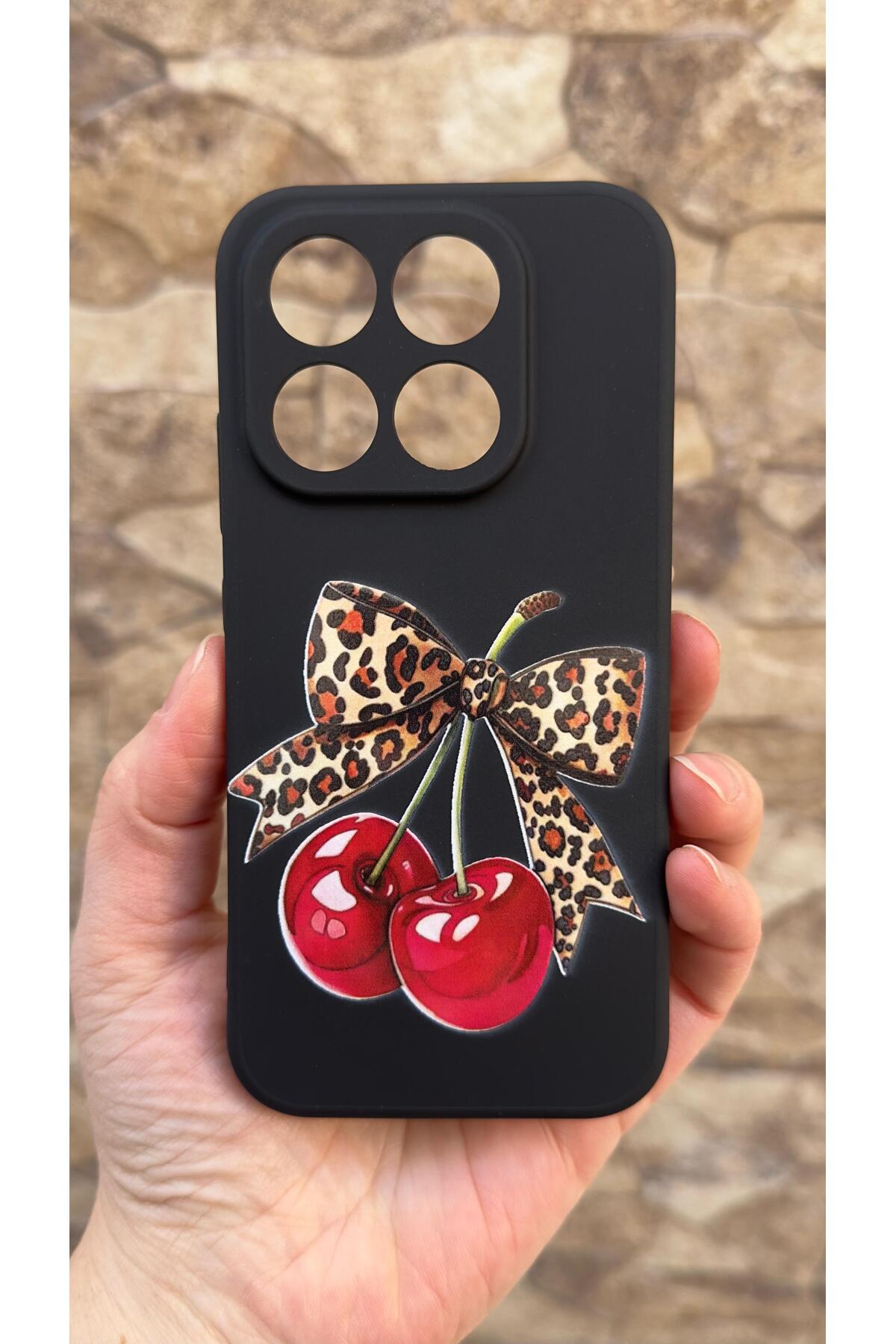 MI 17 5G Uyumlu Kiraz Fiyonk Leopar Desenli Silikon Darbe Emici Klasik Korumalı Rubber Kılıf