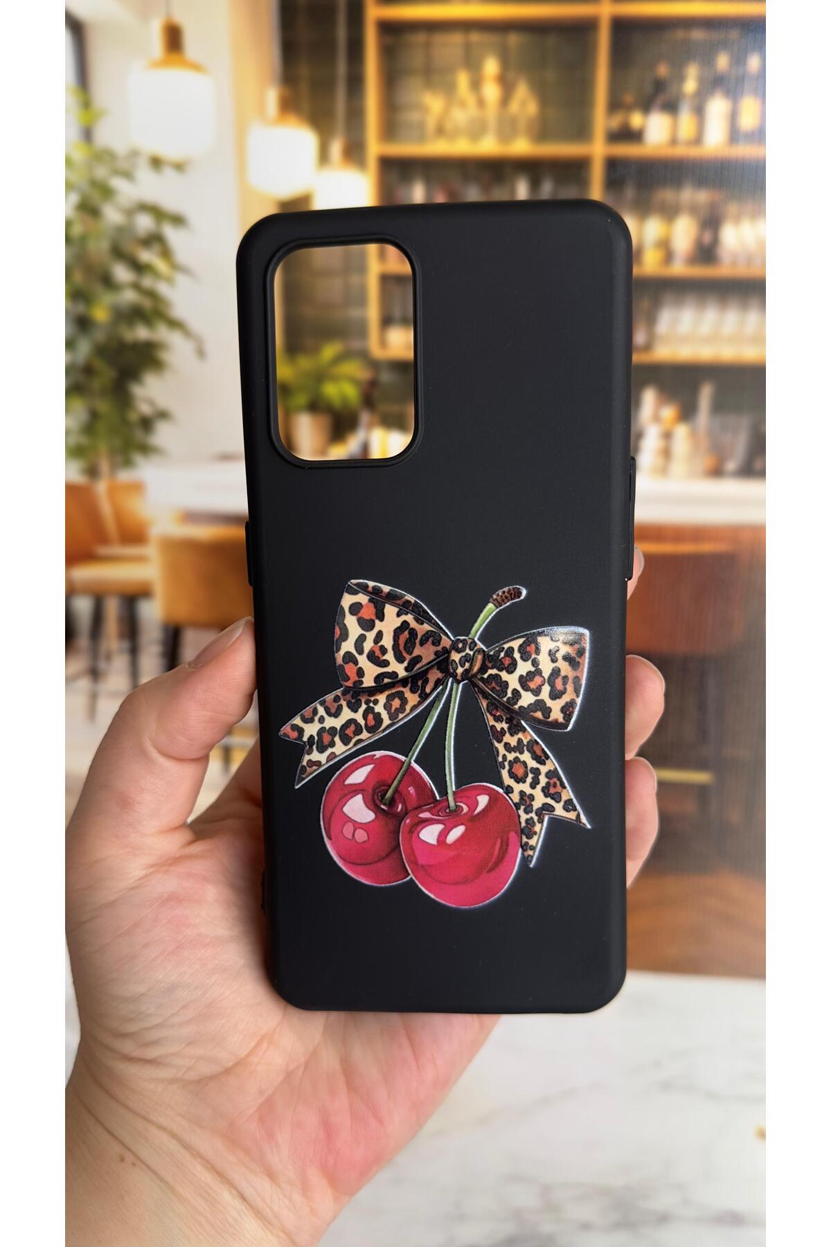Oppo A54 Uyumlu Kiraz Fiyonk Leopar Desenli Silikon Darbe Emici Klasik Korumalı Rubber Kılıf