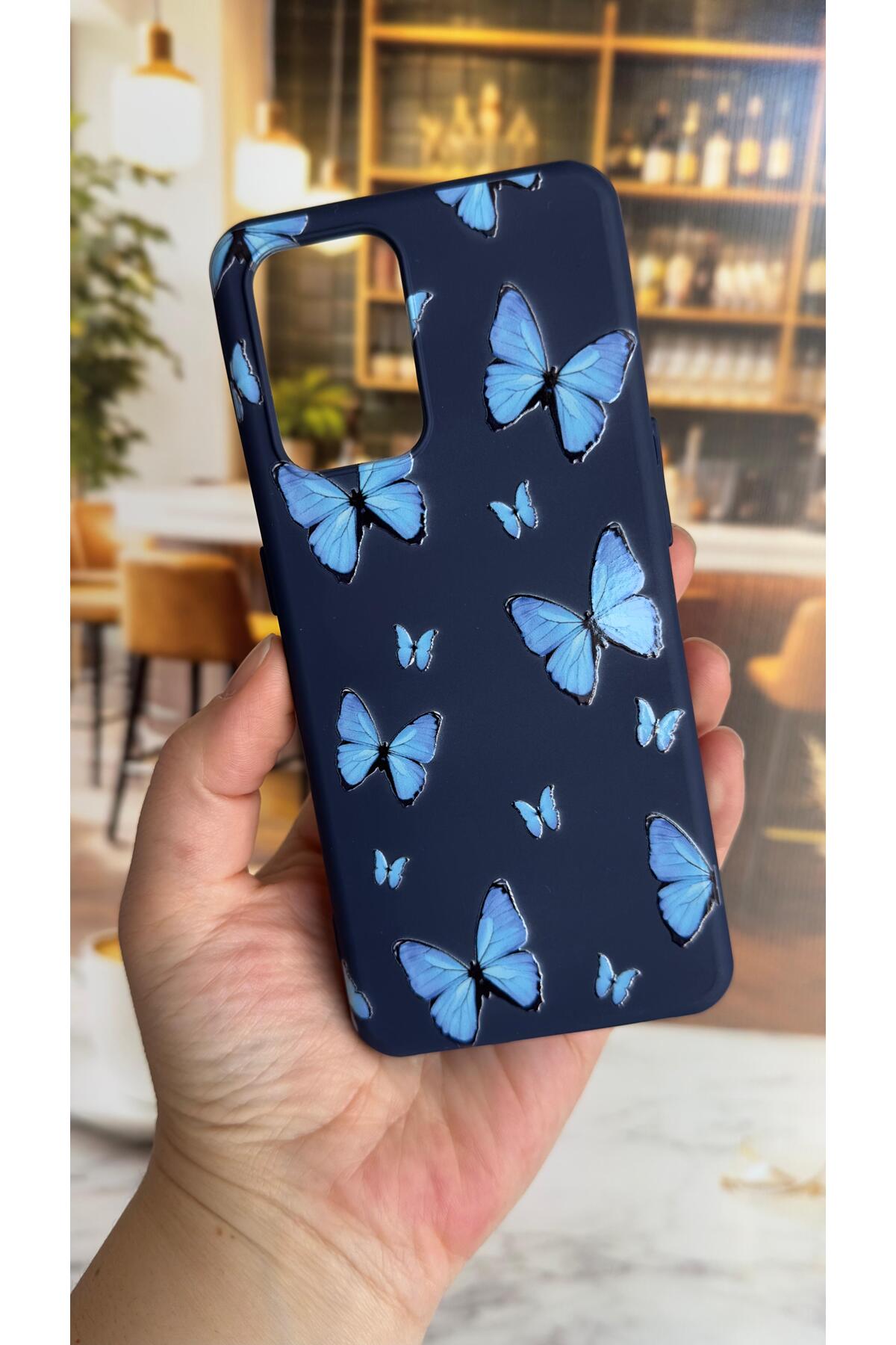 Oppo A54 Uyumlu Mavi Kelebek Desenli Silikon Darbe Emici Klasik Korumalı Rubber Kılıf