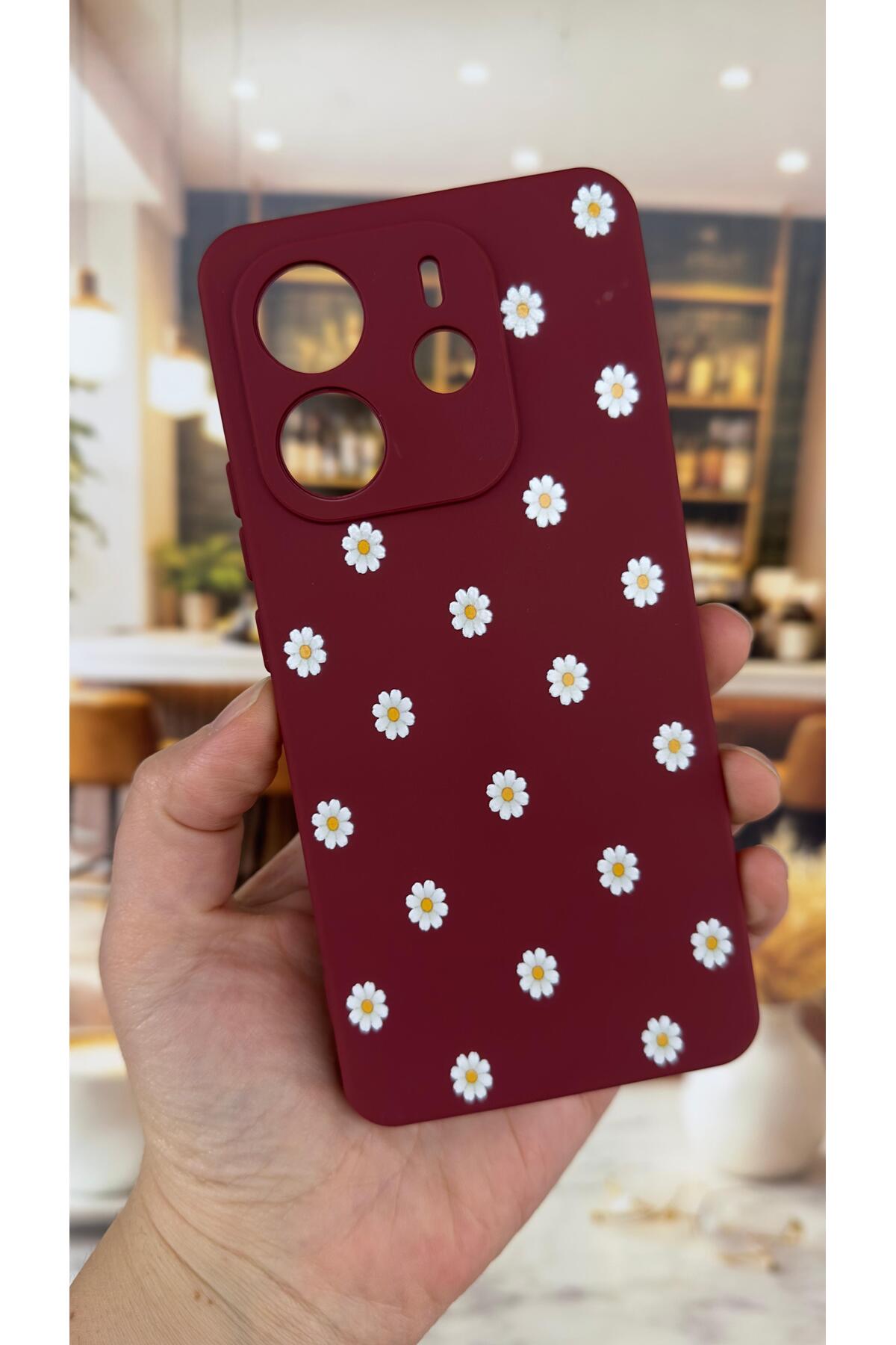 Xiaomi Redmi Note 14 Uyumlu Beyaz Papatya Desenli Silikon Darbe Emici Klasik Korumalı Rubber Kılıf