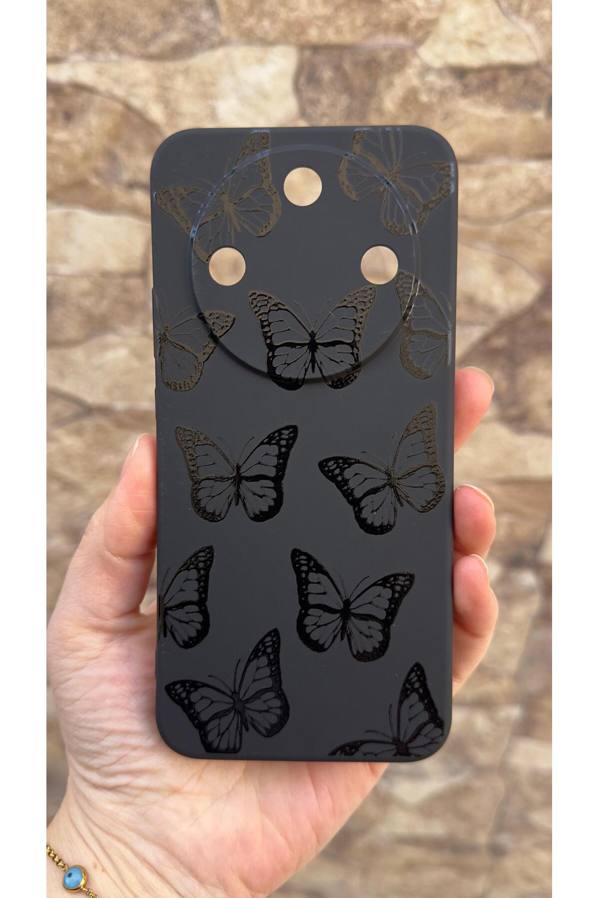Honor Magic 8 Lite Uyumlu Siyah Kelebek Desenli Silikon Darbe Emici Klasik Korumalı Rubber Kılıf