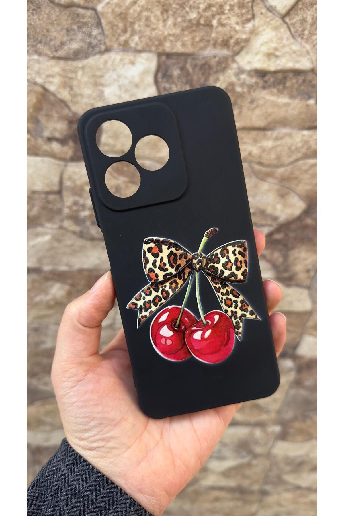 REALME C61 Uyumlu Kiraz Fiyonk Leopar Desenli Silikon Darbe Emici Klasik Korumalı Rubber Kılıf