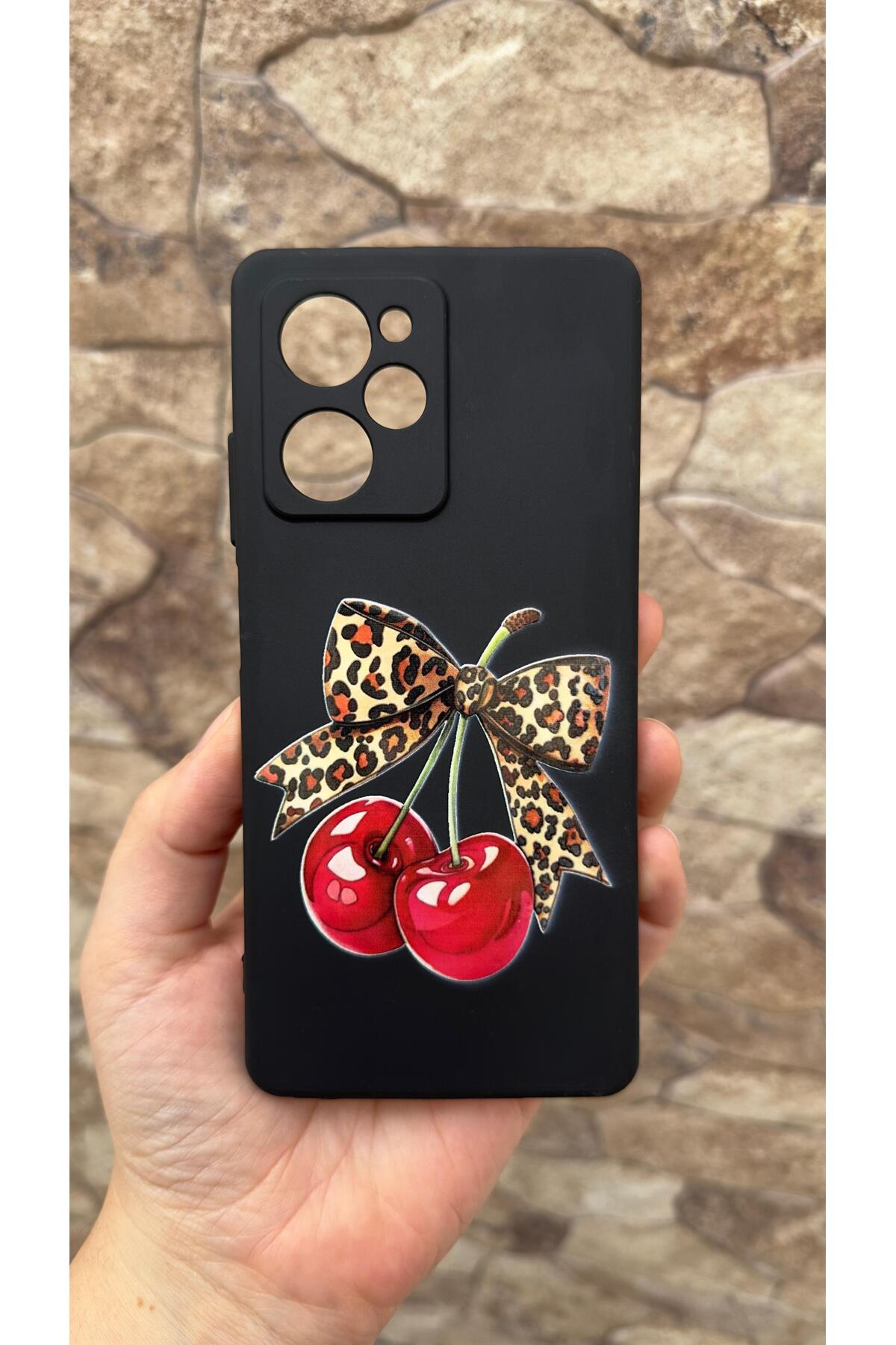 POCO X5 PRO Uyumlu Kiraz Fiyonk Leopar Desenli Silikon Darbe Emici Klasik Korumalı Rubber Kılıf