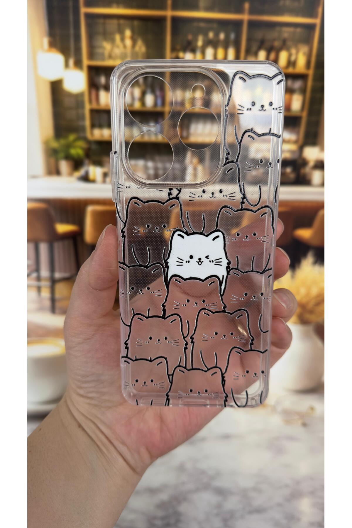 Tecno Spark 10 Pro Uyumlu Manycat Desenli Şeffaf Darbe Emici Kamera Korumalı Clear Kılıf
