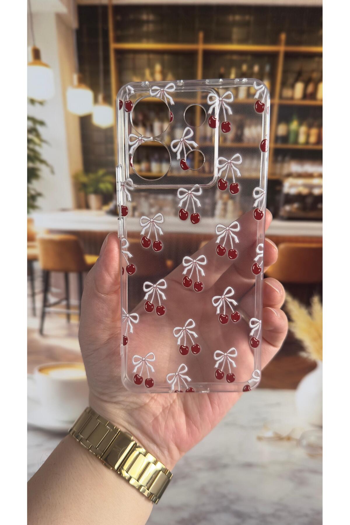 Xiaomi Redmi Note 13 Pro 5G Uyumlu Kiraz Desenli Şeffaf Darbe Emici Kamera Korumalı Clear Kılıf