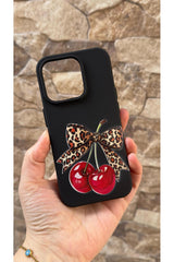 Iphone 15 Pro Uyumlu Kiraz Fiyonk Leopar Desenli Silikon Darbe Emici Klasik Korumalı Rubber Kılıf