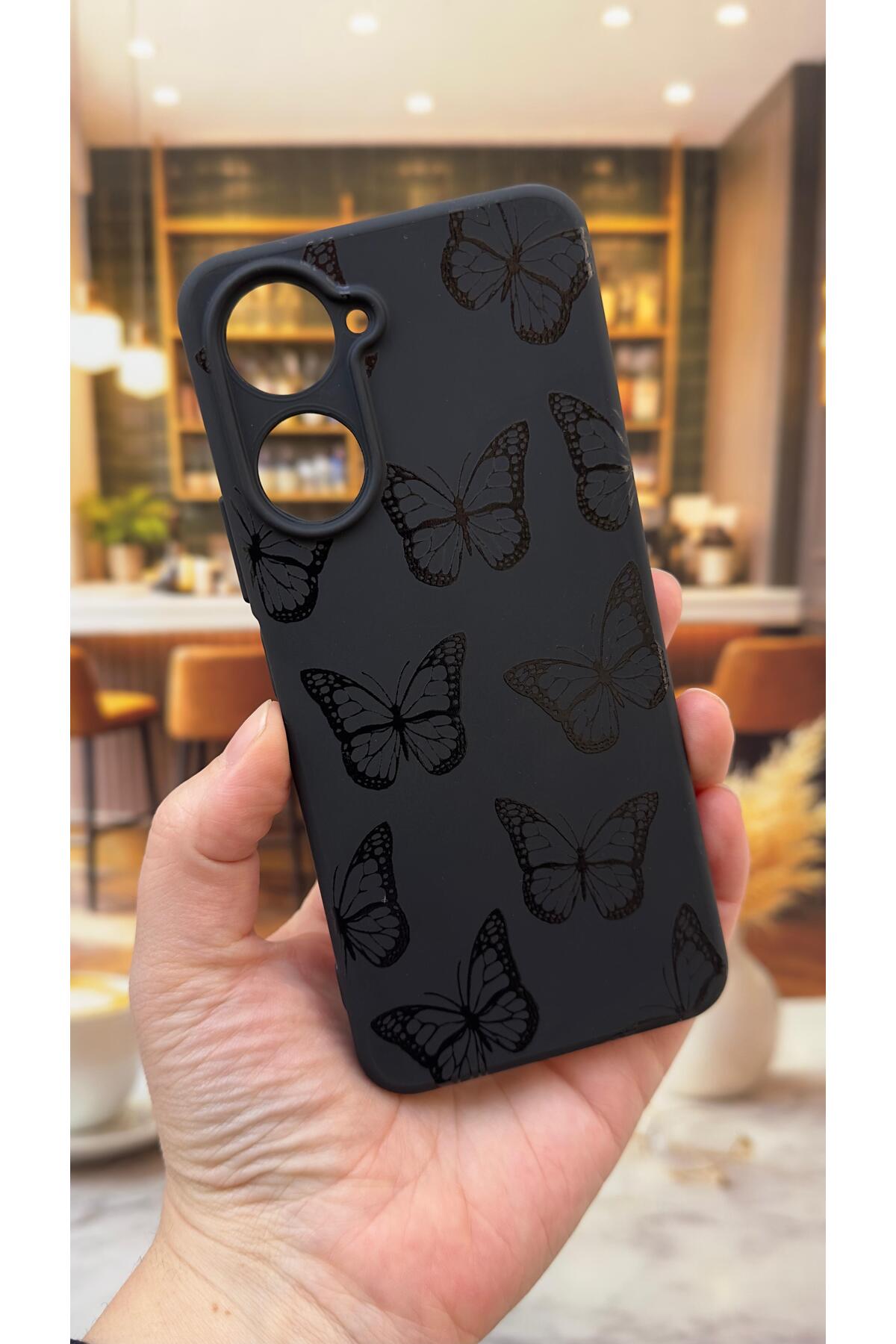 Realme 10 Uyumlu Siyah Kelebek Desenli Silikon Darbe Emici Klasik Korumalı Rubber Kılıf