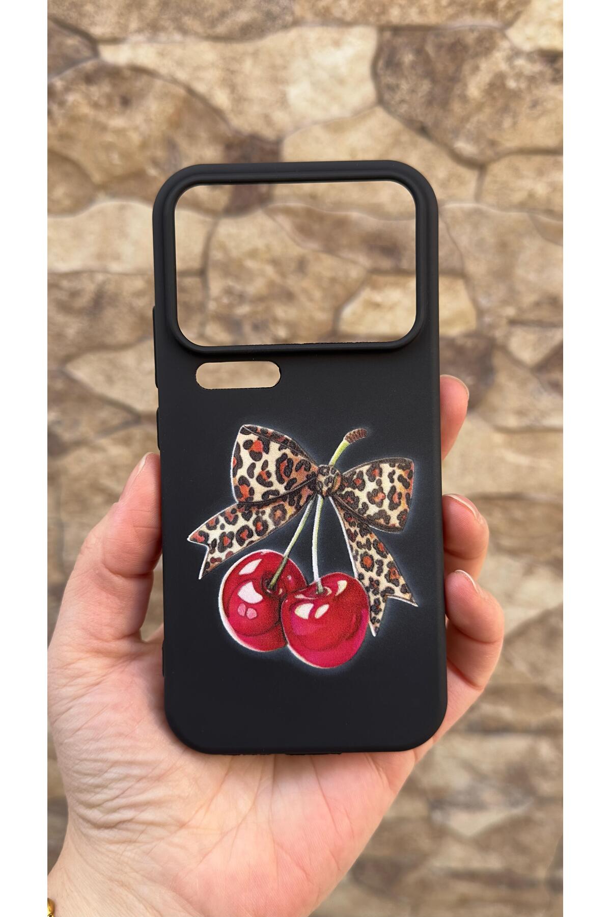MI 17 Pro Uyumlu Kiraz Fiyonk Leopar Desenli Silikon Darbe Emici Klasik Korumalı Rubber Kılıf
