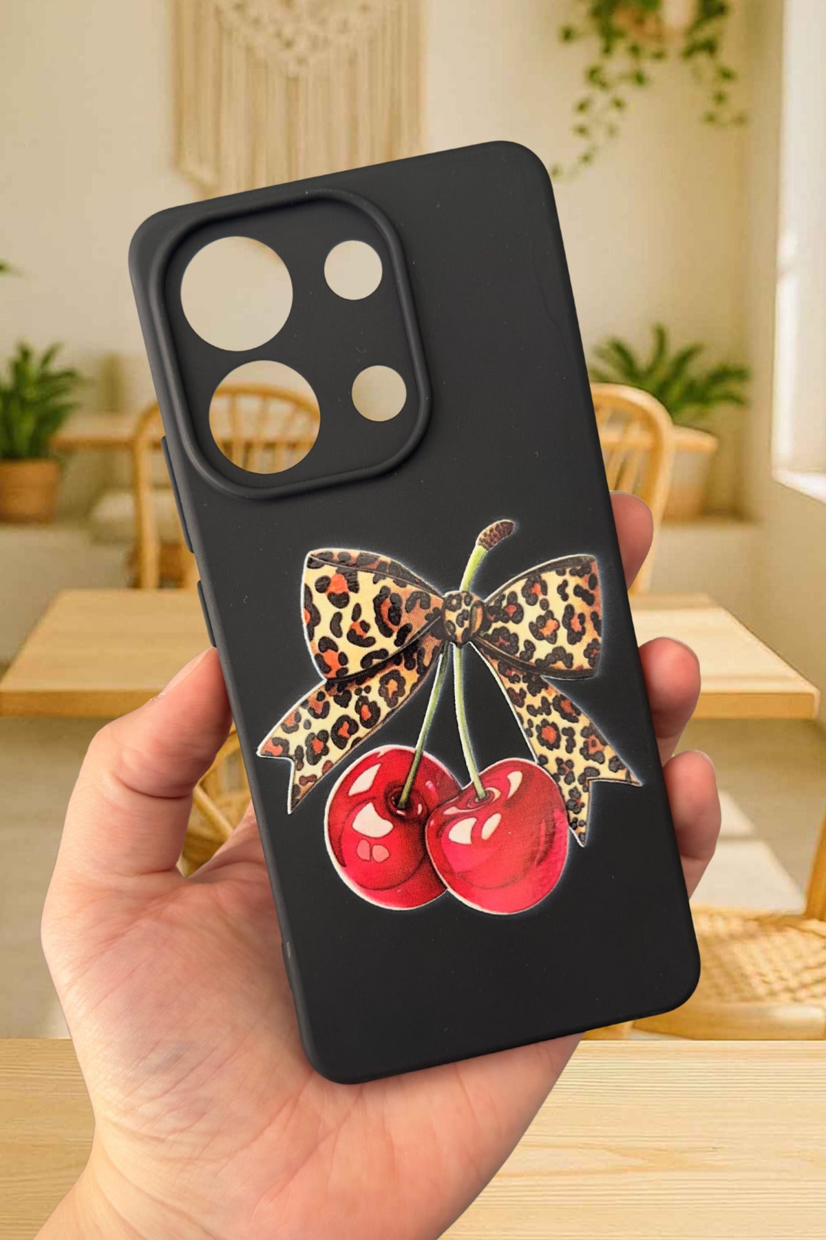 Redmi Note 13 Pro 4G Uyumlu Kiraz Leopar Fiyonk Desenli Silikon Darbe Emici Rubber Kılıf
