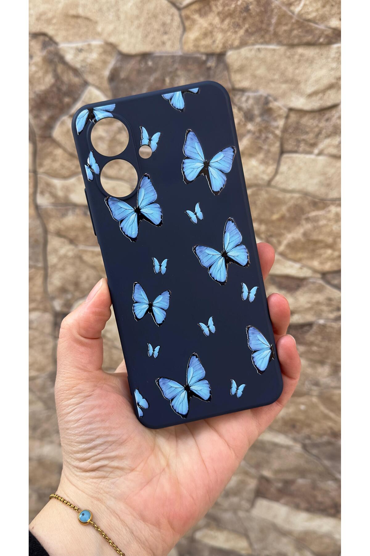 Tecno Spark Go2 Uyumlu Mavi Kelebek Desenli Silikon Darbe Emici Klasik Korumalı Rubber Kılıf