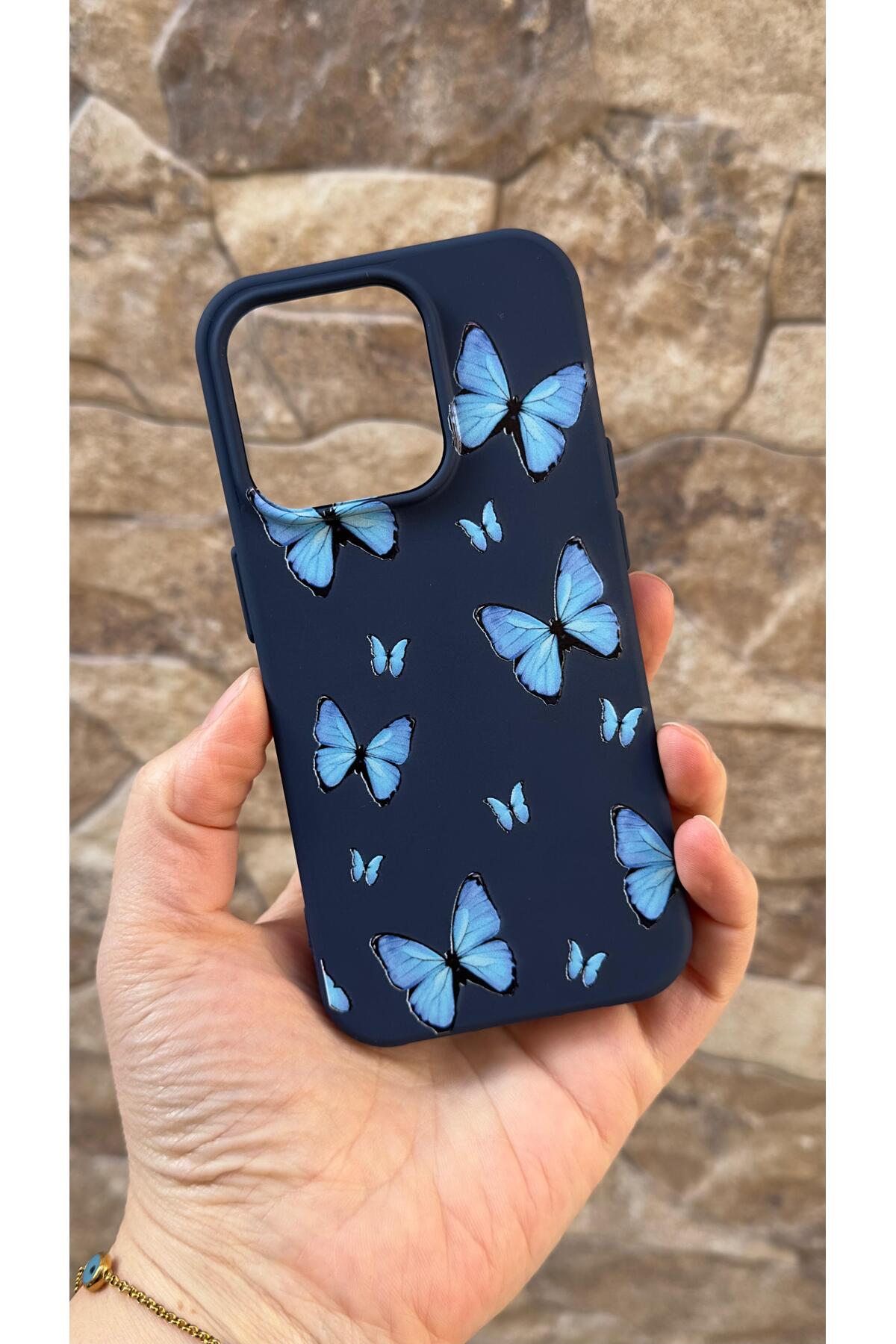 Iphone 15 Pro Uyumlu Mavi Kelebek Desenli Silikon Darbe Emici Klasik Korumalı Rubber Kılıf