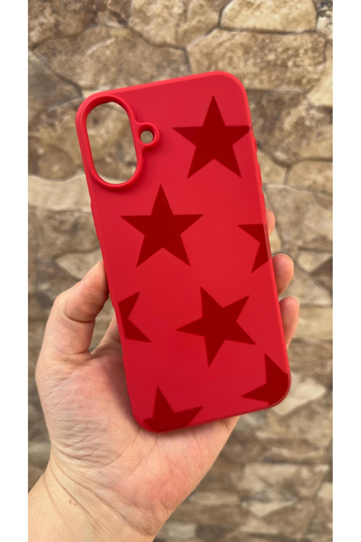 iPhone 16 Uyumlu Kırmızı Star Silikon Darbe Emici Klasik Korumalı Rubber Kılıf