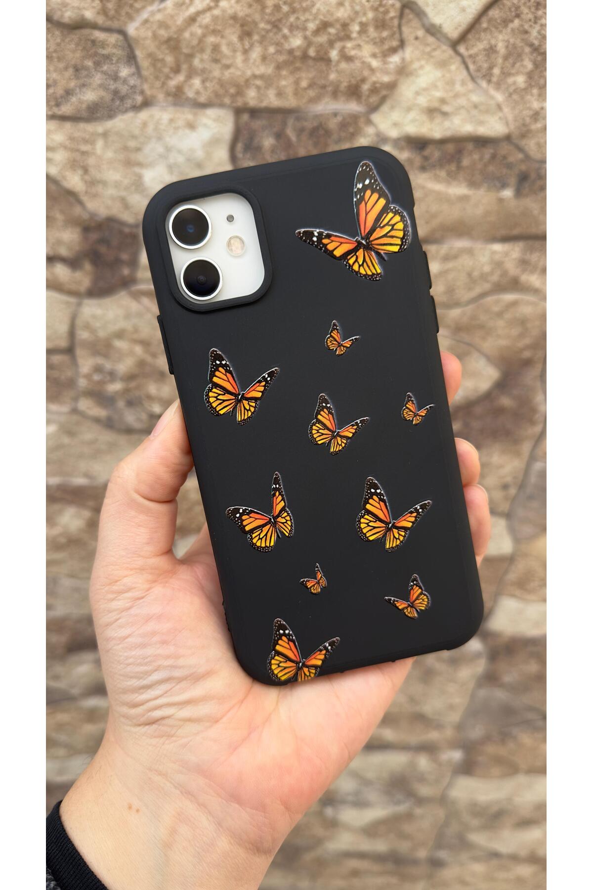 İphone 11 Uyumlu Turuncu Kelebek Desenli Silikon Darbe Emici Klasik Korumalı Rubber Kılıf