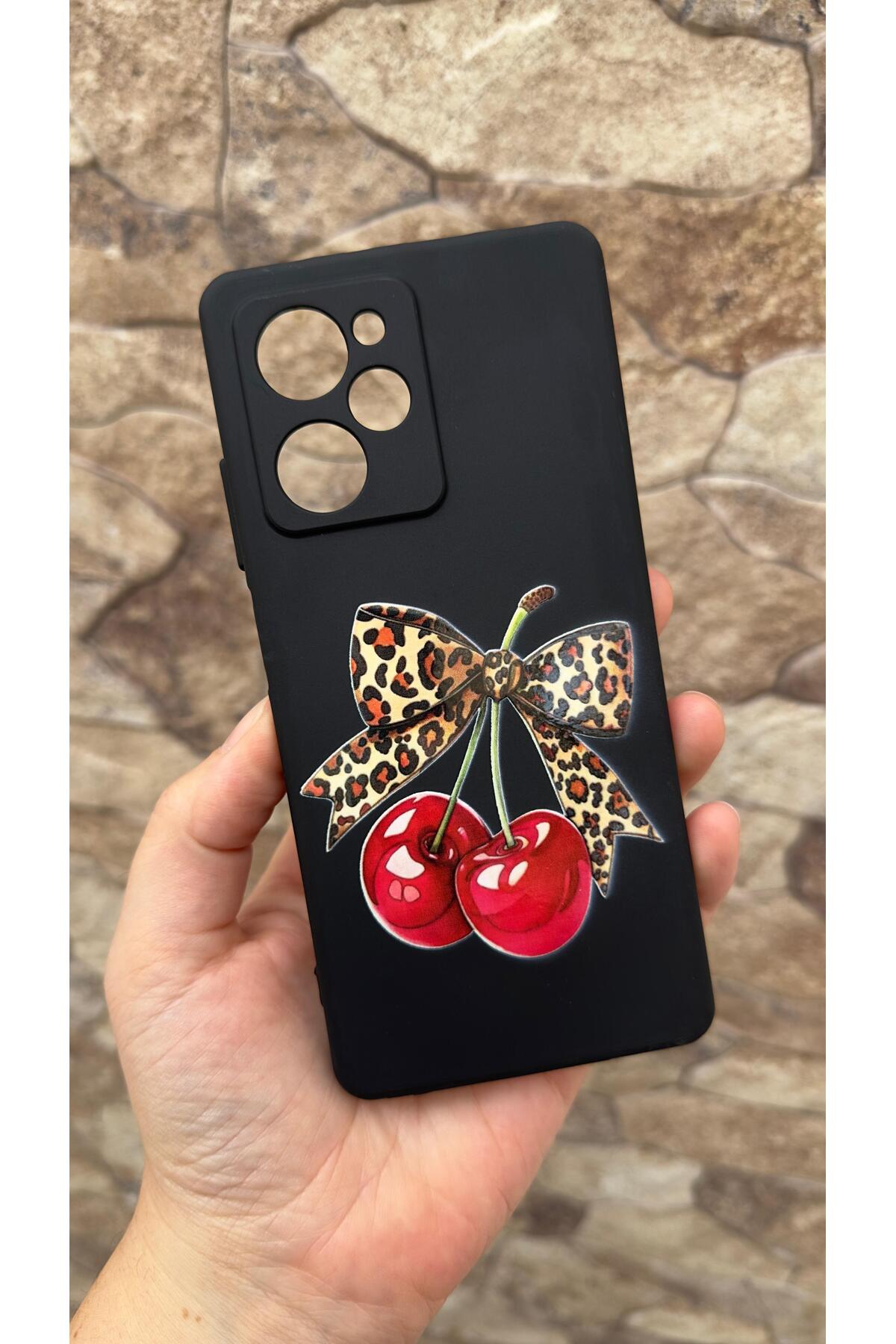 POCO X5 PRO Uyumlu Kiraz Fiyonk Leopar Desenli Silikon Darbe Emici Klasik Korumalı Rubber Kılıf