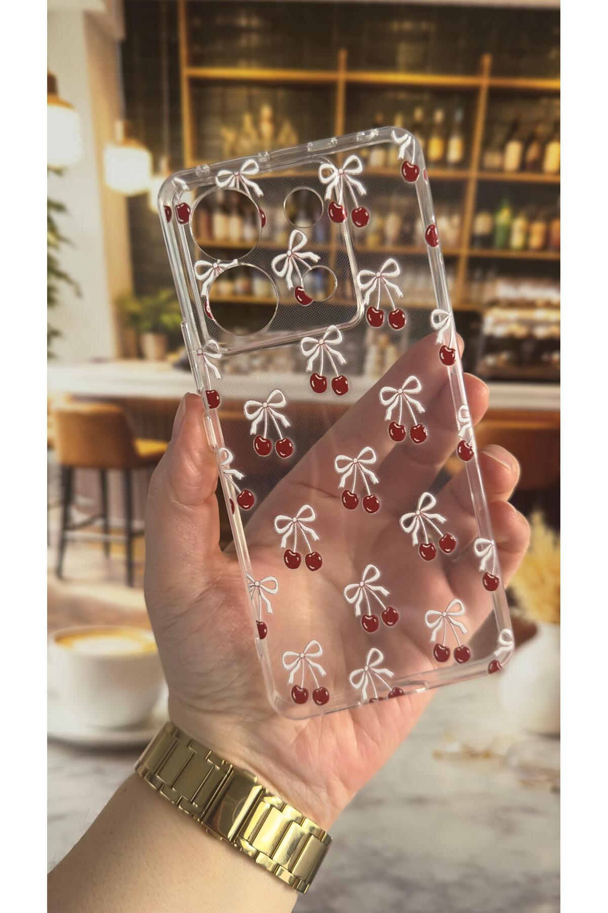 Xiaomi Redmi Note 13 Pro 5G Uyumlu Kiraz Desenli Şeffaf Darbe Emici Kamera Korumalı Clear Kılıf