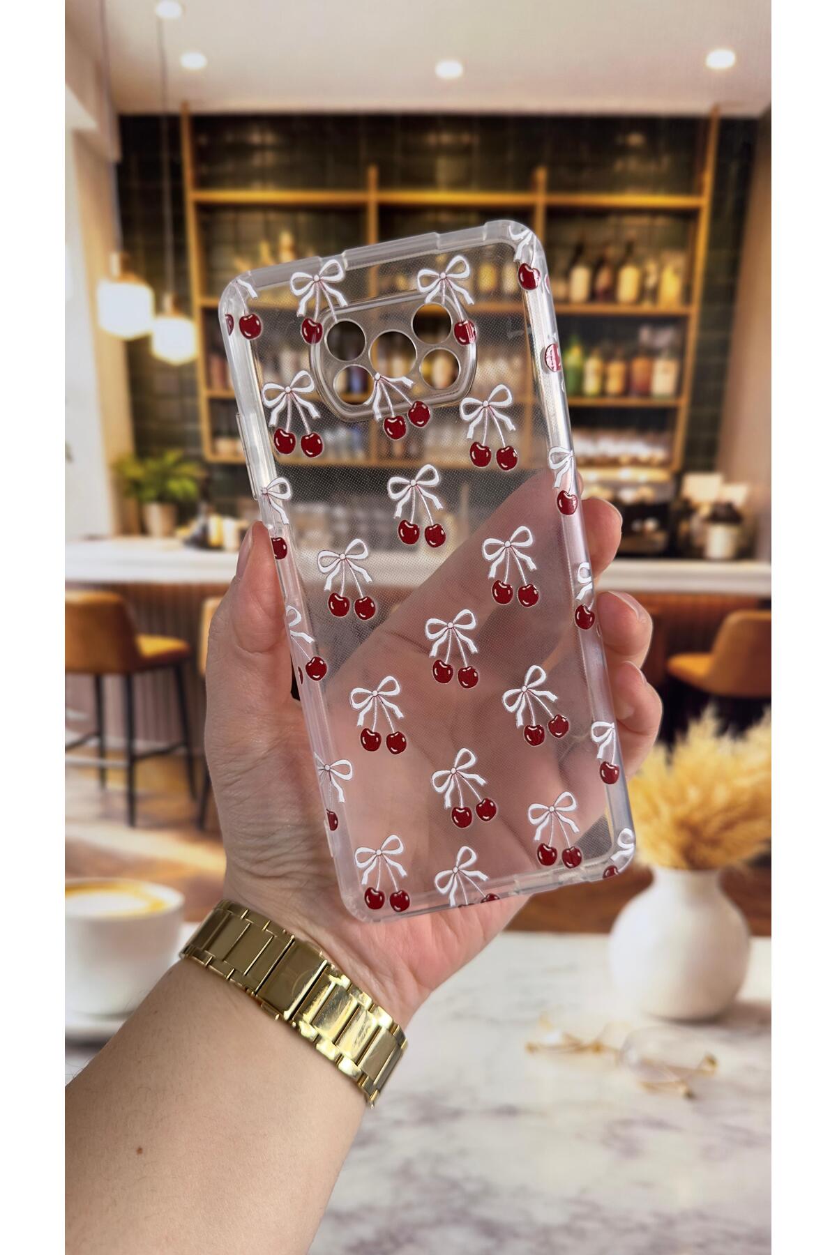 Poco X3 Uyumlu Kiraz Desenli Şeffaf Darbe Emici Kamera Korumalı Clear Kılıf