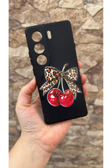Tecno Camon 40 Pro Uyumlu Kiraz Fiyonk Leopar Desenli Silikon Darbe Emici Korumalı Rubber Kılıf