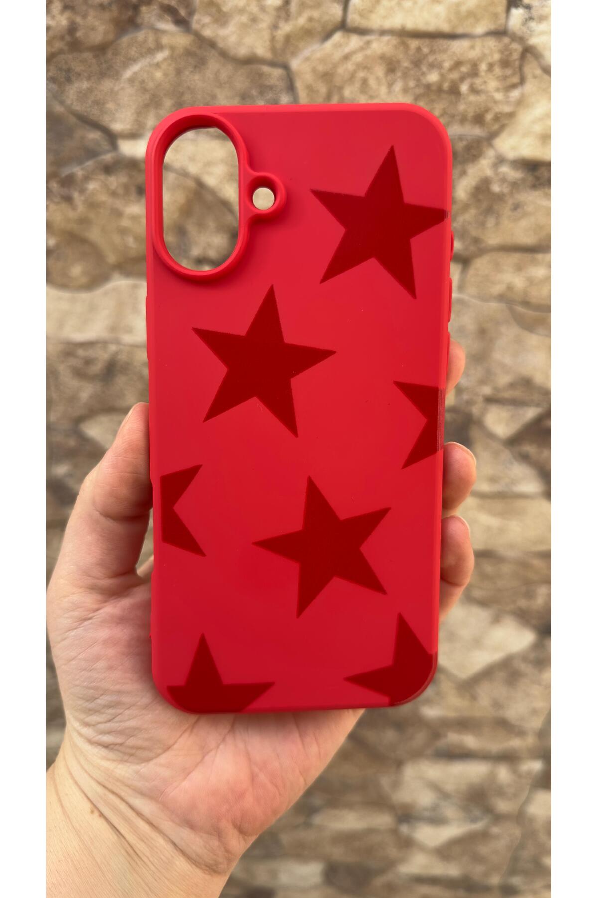 iPhone 16 Uyumlu Kırmızı Star Silikon Darbe Emici Klasik Korumalı Rubber Kılıf