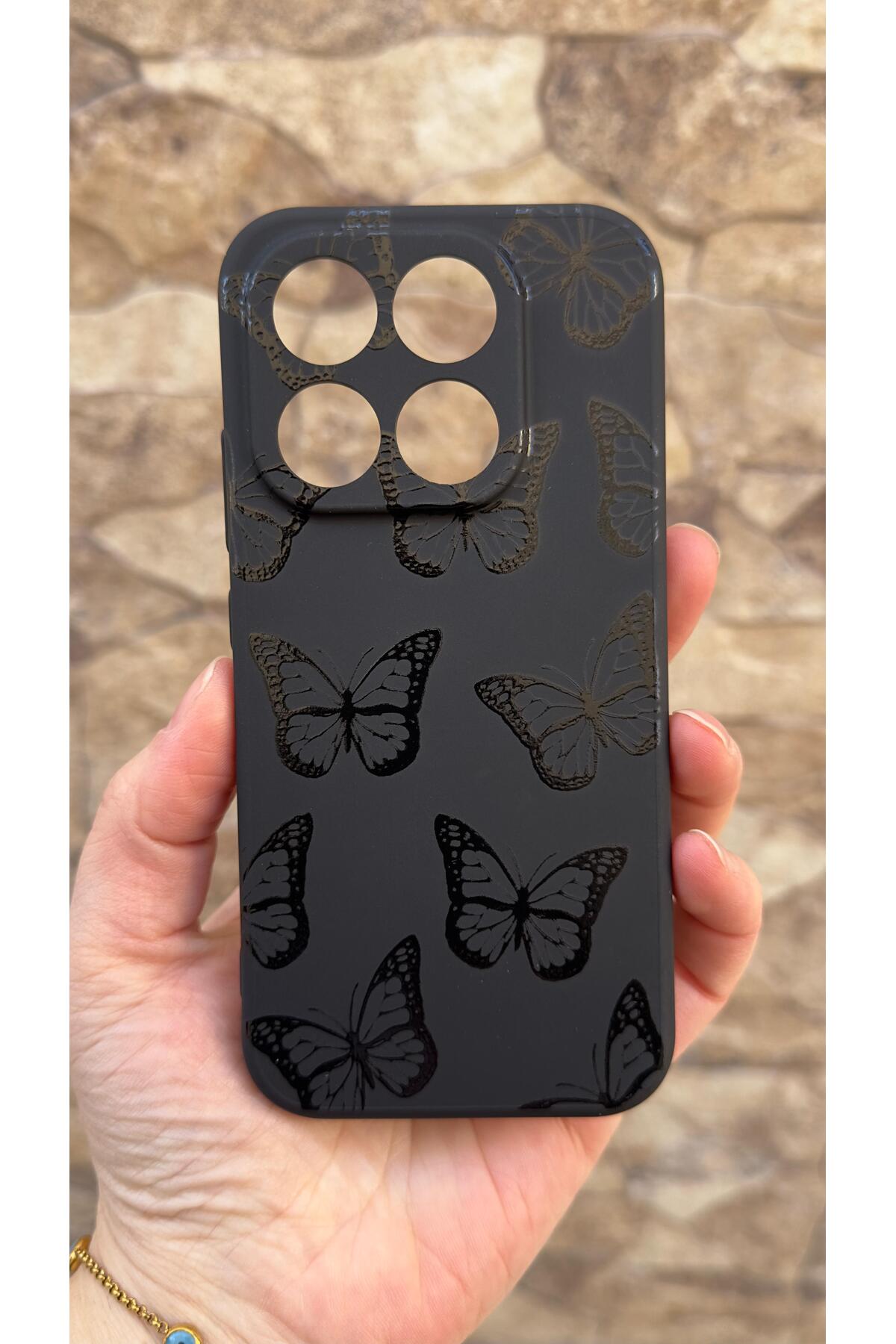 MI 17 5G Uyumlu Siyah Kelebek Desenli Silikon Darbe Emici Klasik Korumalı Rubber Kılıf