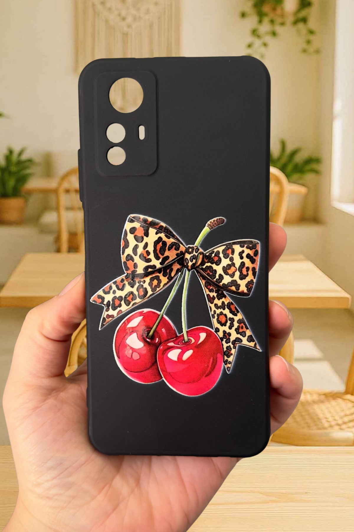 Redmi Note 12S Uyumlu Kiraz Leopar Fiyonk Desenli Silikon Darbe Emici Rubber Kılıf