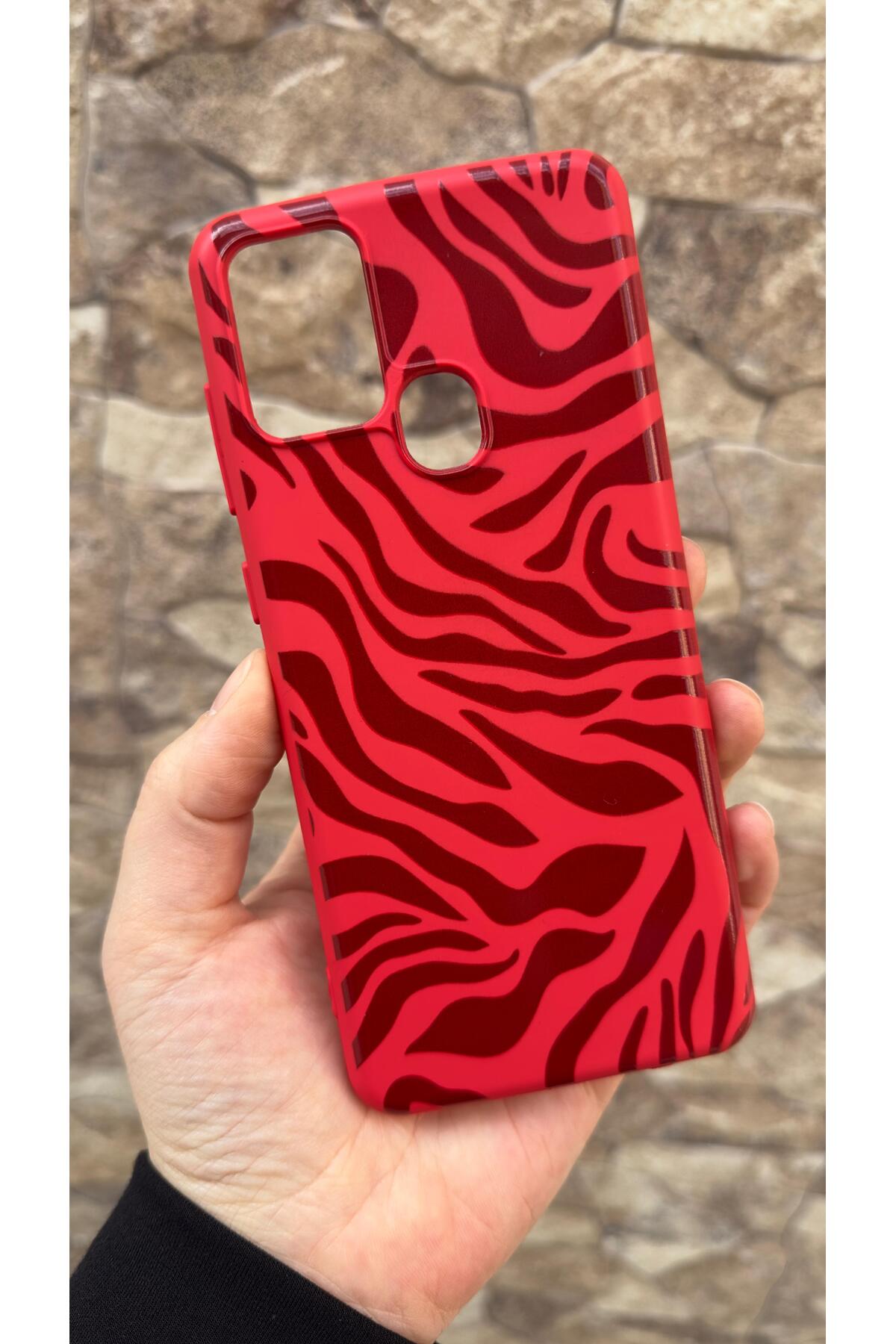 Samsung Galaxy A21s Uyumlu Kırmızı Zebra Desenli Silikon Darbe Emici Klasik Korumalı Rubber Kılıf