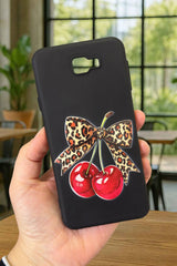 Samsung Galaxy J7 Prime Uyumlu Kiraz Leopar Fiyonk Desenli Silikon Darbe Emici Rubber Kılıf