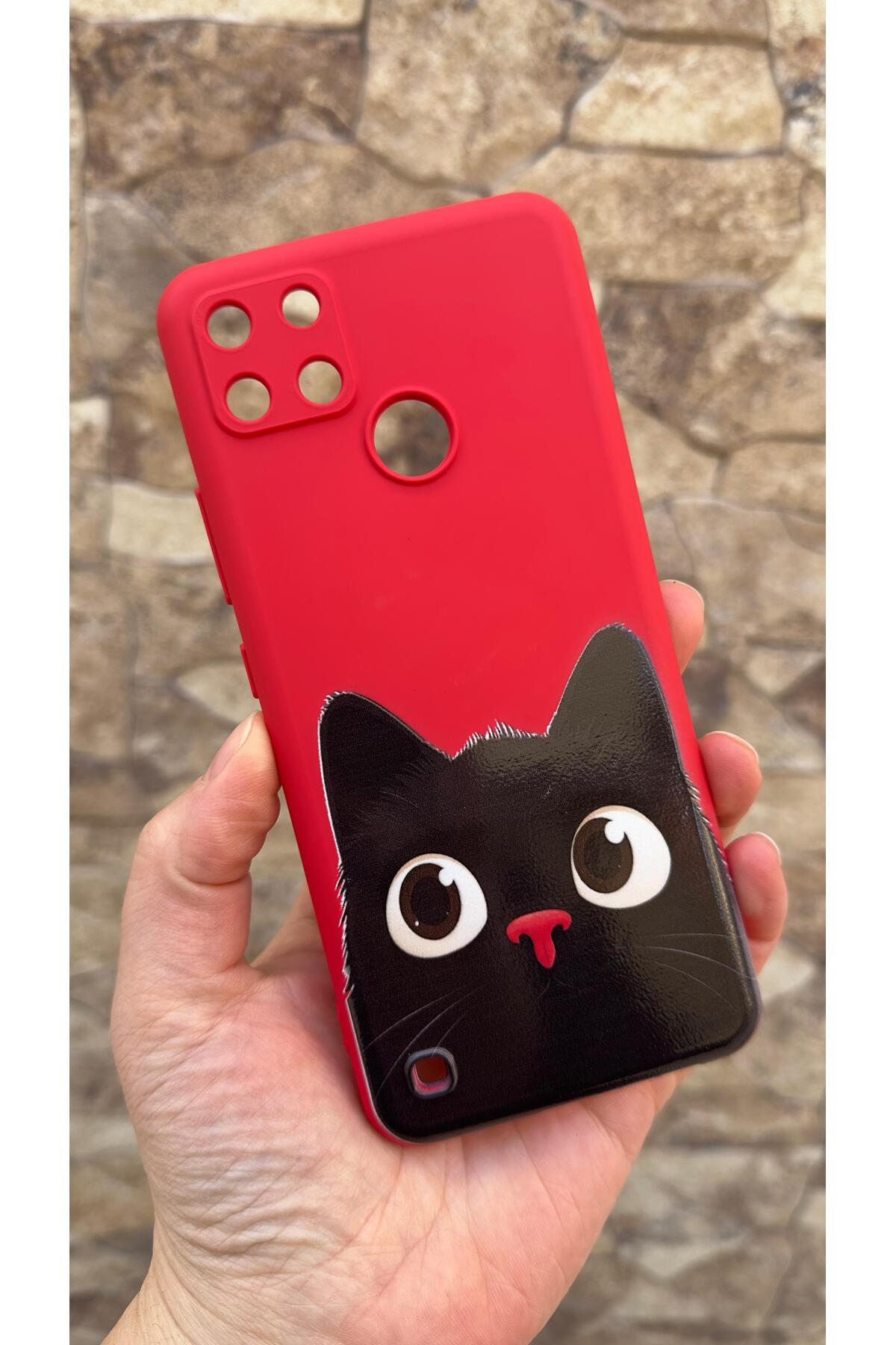 Realme C21Y Ve C25Y Uyumlu Sevimli Siyah Kedi Desenli Silikon Darbe Emici Klasik Korumalı Kılıf