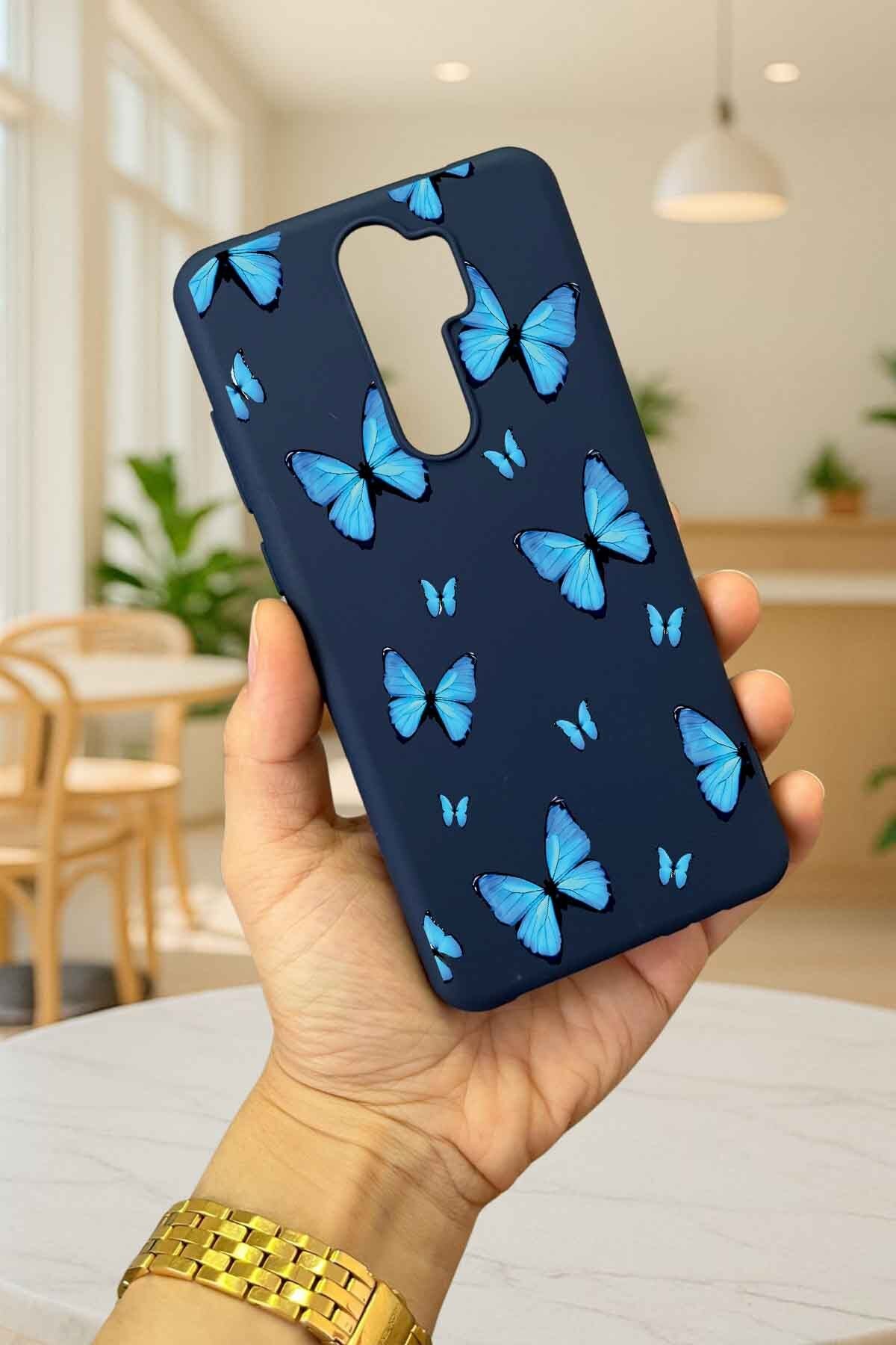 OPPO RENO 2Z Uyumlu Mavi Kelebek Desenli Silikon Darbe Emici Klasik Korumalı Rubber Kılıf