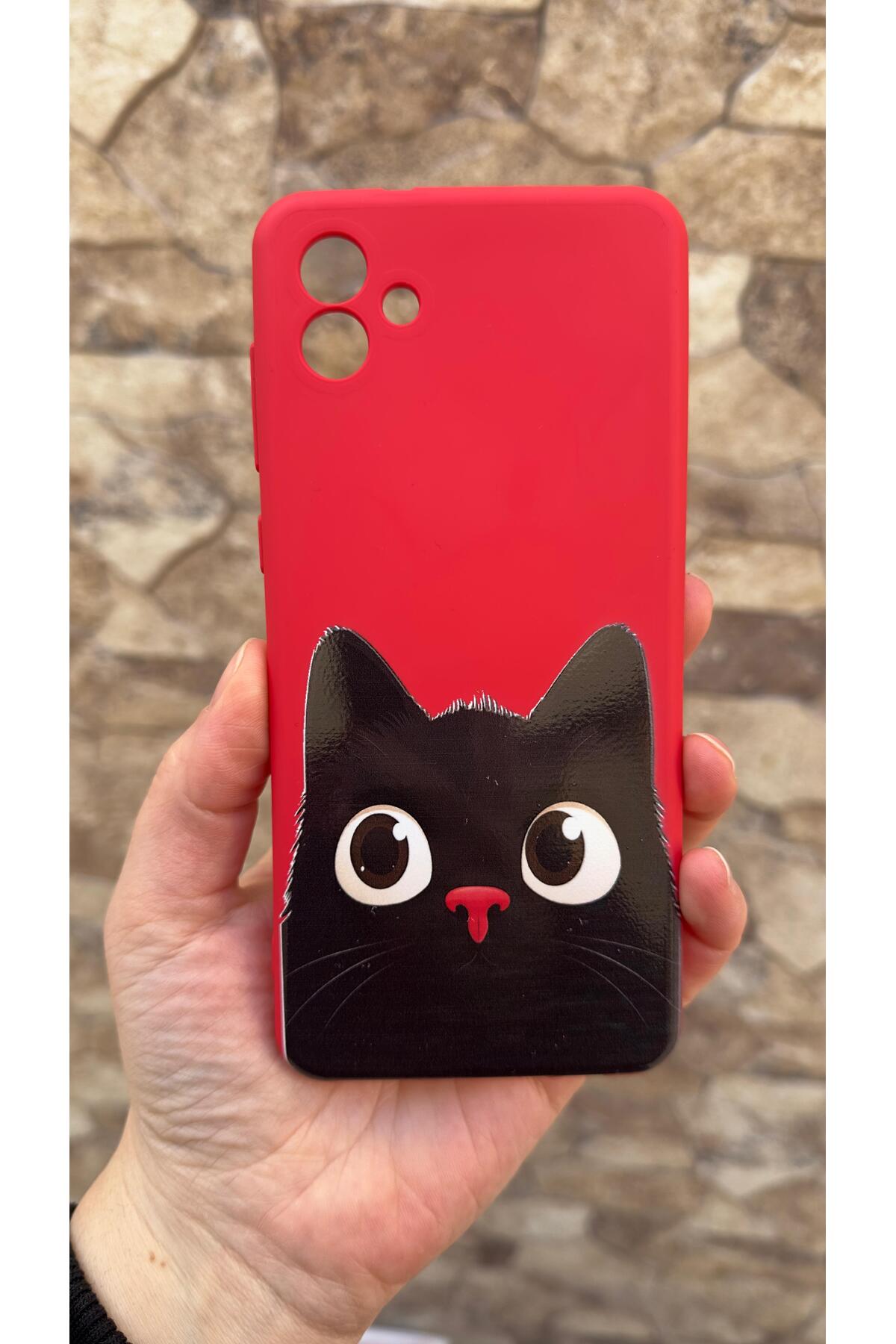 Samsung Galaxy A04 Uyumlu Sevimli Siyah Kedi Desenli Silikon Darbe Emici Klasik Korumalı Kılıf