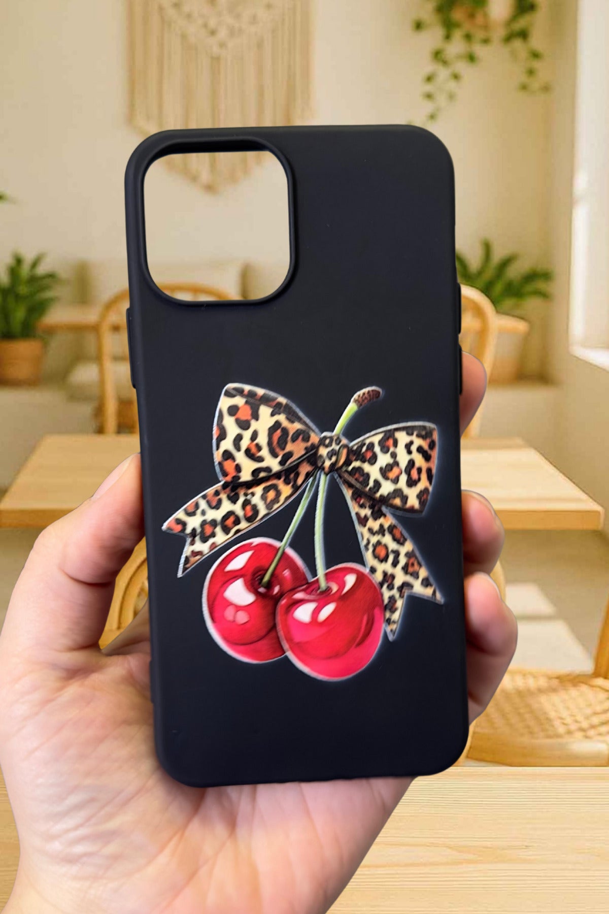 iPhone 12 /12 Pro Uyumlu Kiraz Leopar Fiyonk Desenli Silikon Darbe Emici Rubber Kılıf