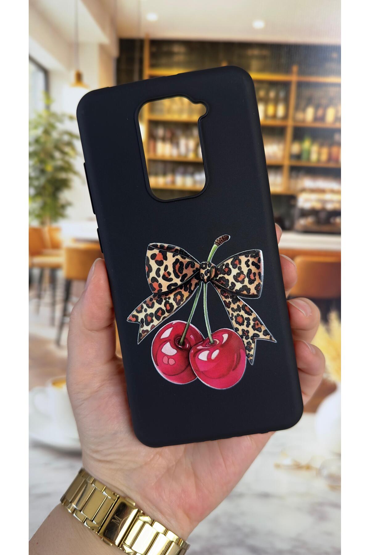 Redmi Note 9 Uyumlu Kiraz Fiyonk Leopar Desenli Silikon Darbe Emici Klasik Korumalı Rubber Kılıf