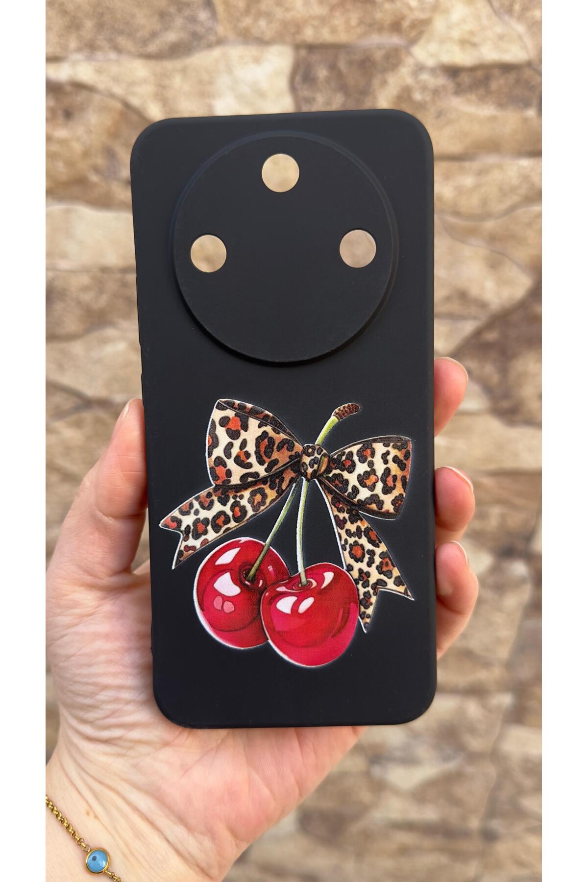 Honor Magic 8 Lite Uyumlu Kiraz Fiyonk Leopar Desenli Silikon Darbe Emici Klasik Korumalı Kılıf