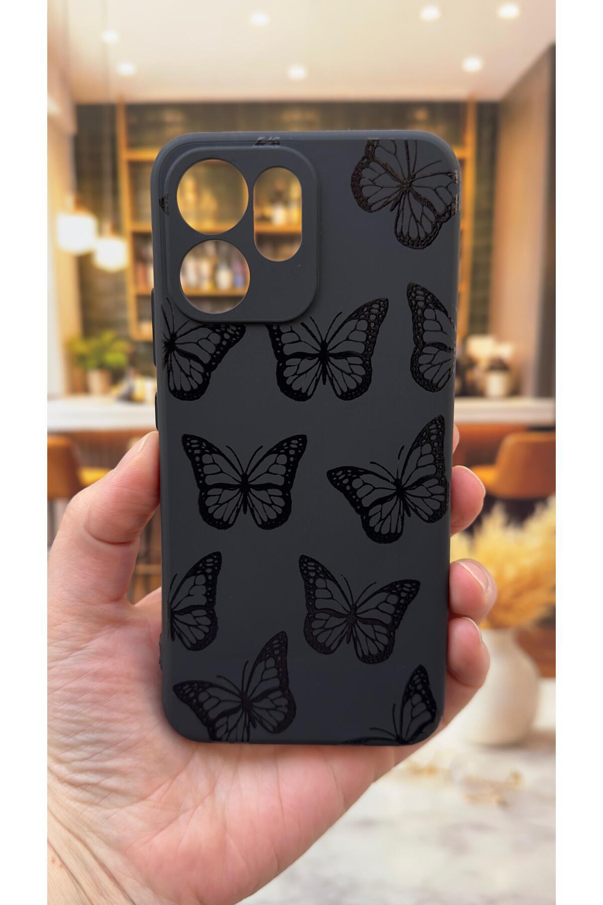 OPPO RENO 14F Uyumlu Siyah Kelebek Desenli Silikon Darbe Emici Klasik Korumalı Rubber Kılıf