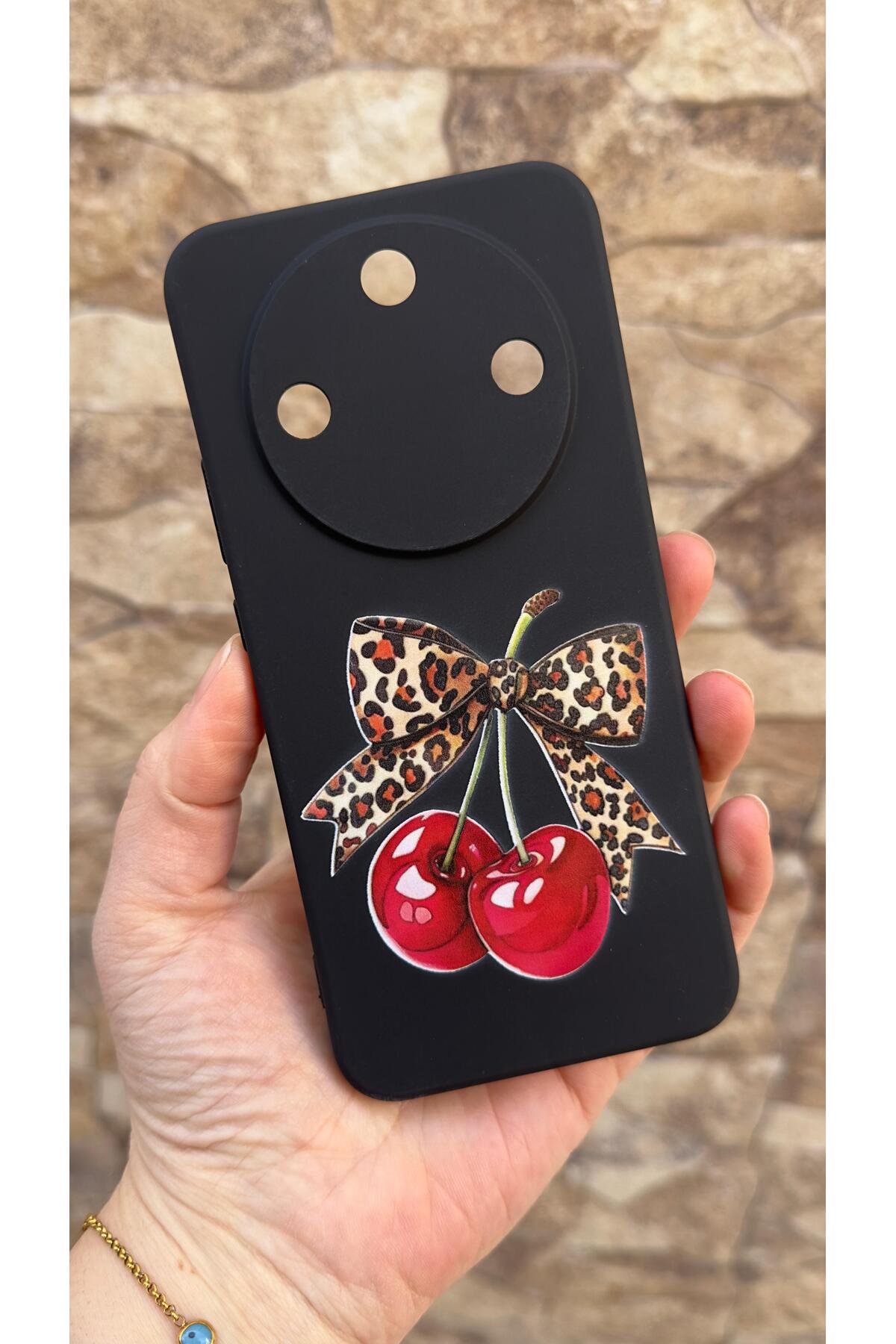 Honor Magic 8 Lite Uyumlu Kiraz Fiyonk Leopar Desenli Silikon Darbe Emici Klasik Korumalı Kılıf
