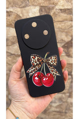 Honor Magic 8 Lite Uyumlu Kiraz Fiyonk Leopar Desenli Silikon Darbe Emici Klasik Korumalı Kılıf