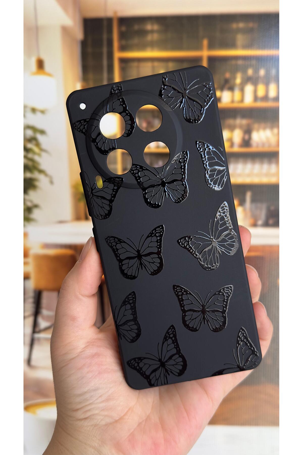 Tecno Camon 30 Uyumlu Siyah Kelebek Desenli Silikon Darbe Emici Klasik Korumalı Rubber Kılıf