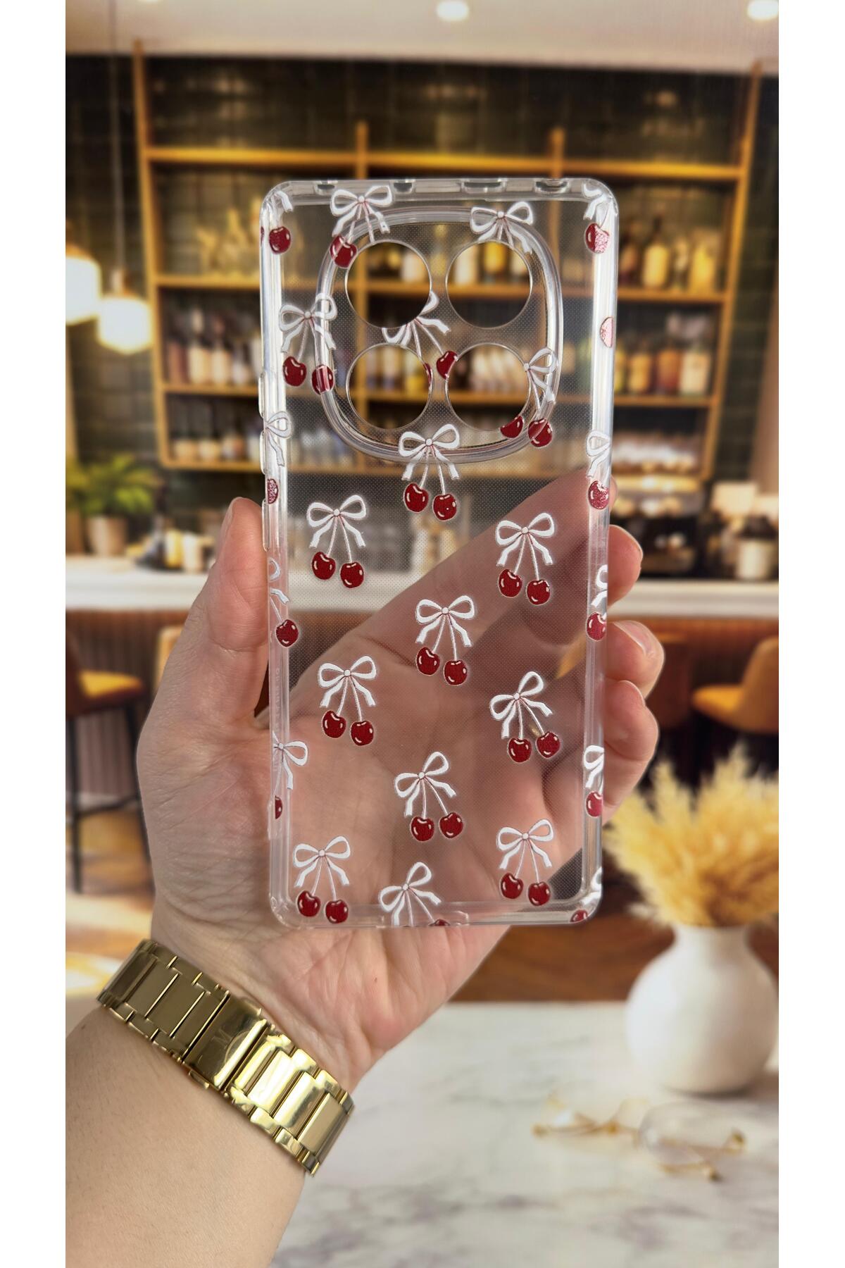 Redmi Note 14 Pro 4G Uyumlu Kiraz Desenli Şeffaf Darbe Emici Kamera Korumalı Clear Kılıf