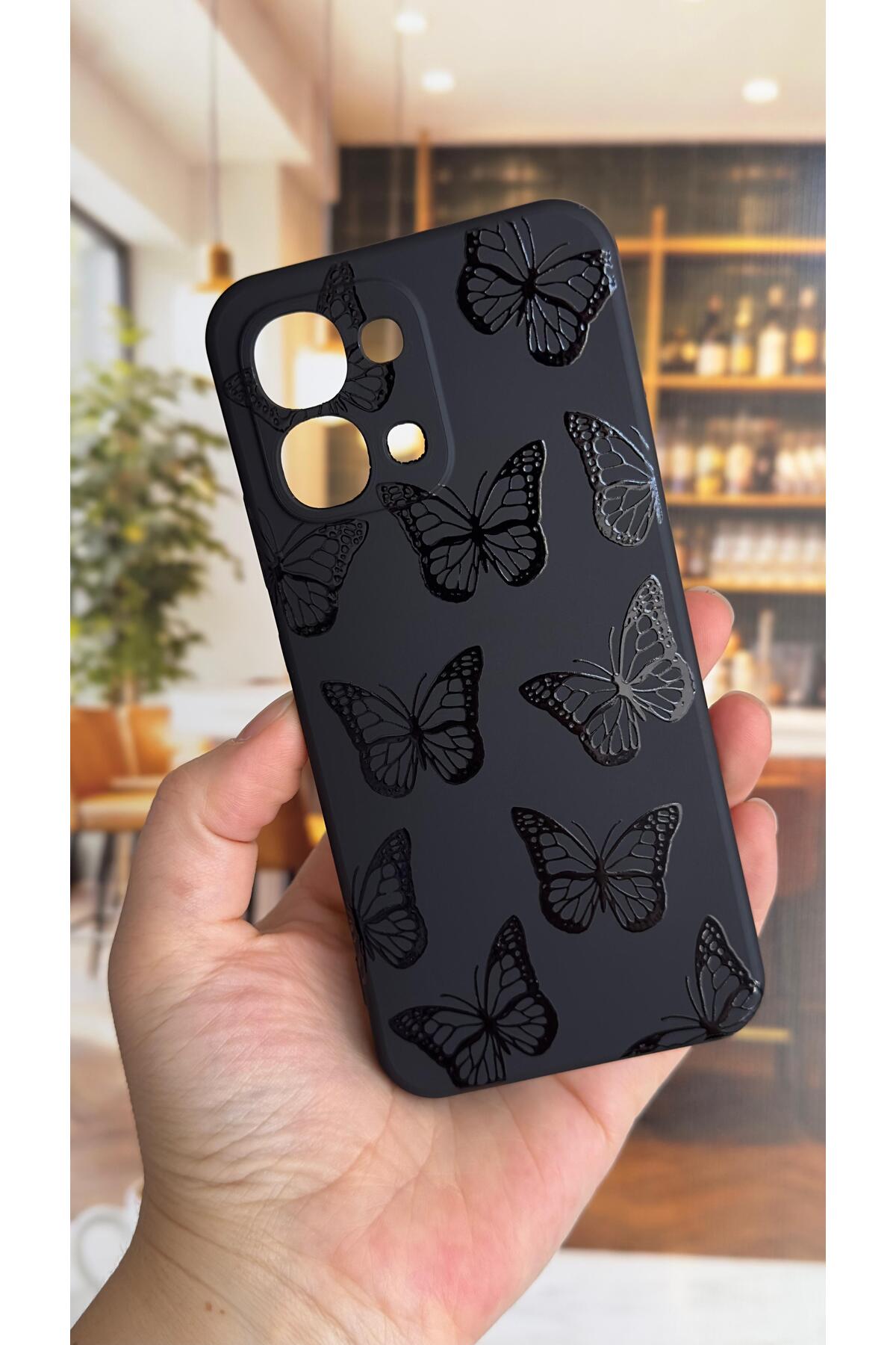 Oppo A6 Pro Uyumlu Siyah Kelebek Desenli Silikon Darbe Emici Klasik Korumalı Rubber Kılıf