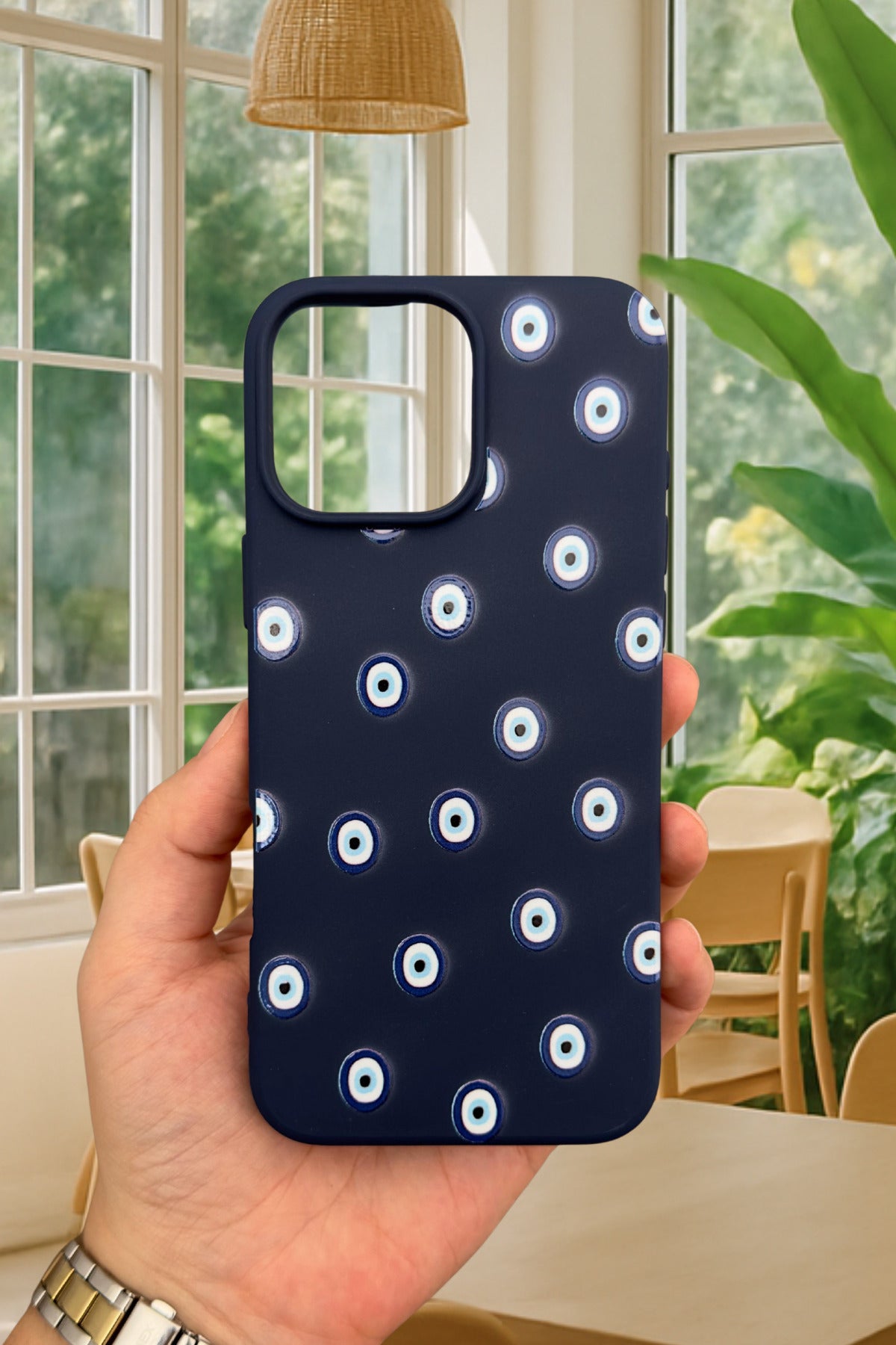 iPhone 14 Plus/15 Plus Uyumlu NAZAR BONCUK DESENLİ Silikon Darbe Emici Klasik Korumalı Rubber Kılıf