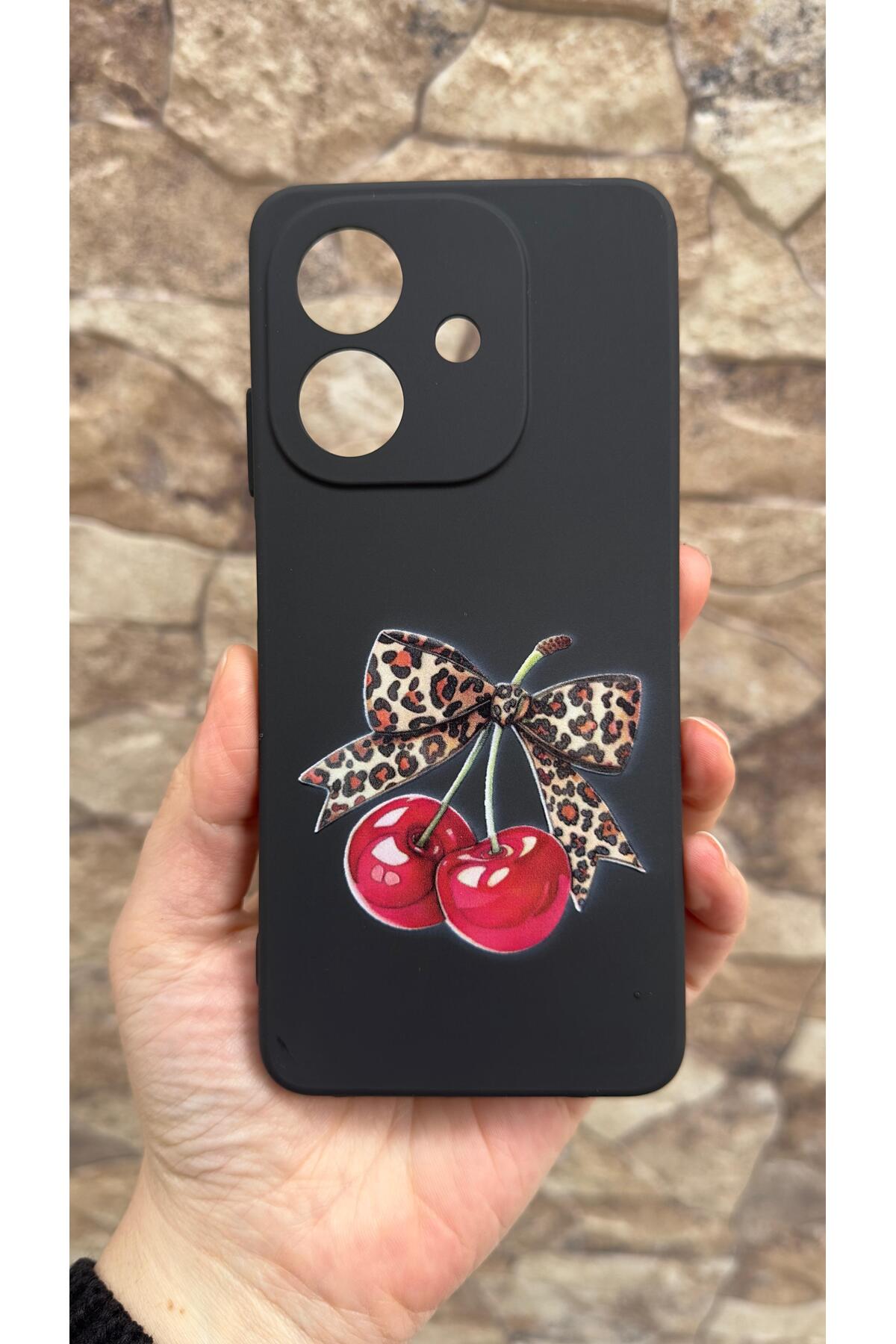 Oppo A3 Uyumlu Kiraz Fiyonk Leopar Desenli Silikon Darbe Emici Klasik Korumalı Rubber Kılıf