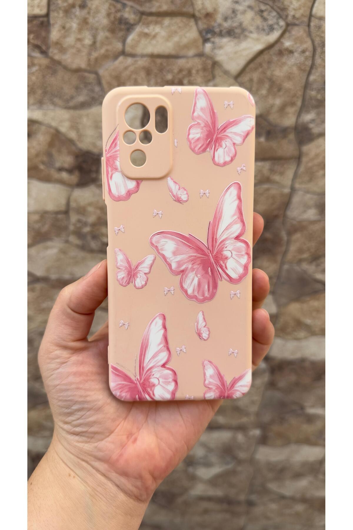 Xiaomi Redmi Note 10 ve 10S Uyumlu Pembe Kelebek Desenli Silikon Darbe Emici Klasik Rubber Kılıf