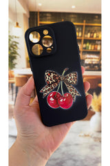 iPhone 14 Pro Max Uyumlu Kiraz Fiyonk Leopar Desenli Silikon Darbe Emici Korumalı Rubber Kılıf