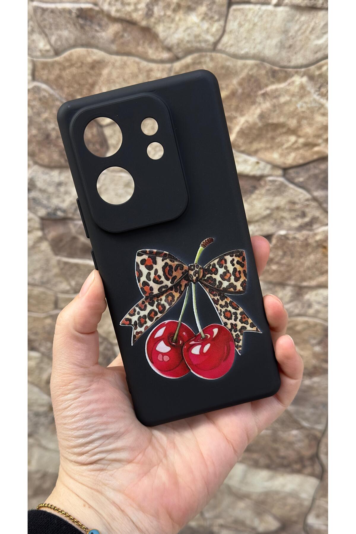İnfinix Zero 30 4g Uyumlu Kiraz Fiyonk Leopar Desenli Silikon Darbe Emici Klasik Korumalı Kılıf